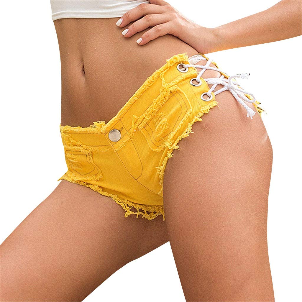 Plus Size Women's Sexy Low Waist Denim Shorts with Side Lace Up & Frayed Cut Hem - Stretchy Comfortable Mini Jeans Shorts for Summer, Beach, Party and Casual Outfits