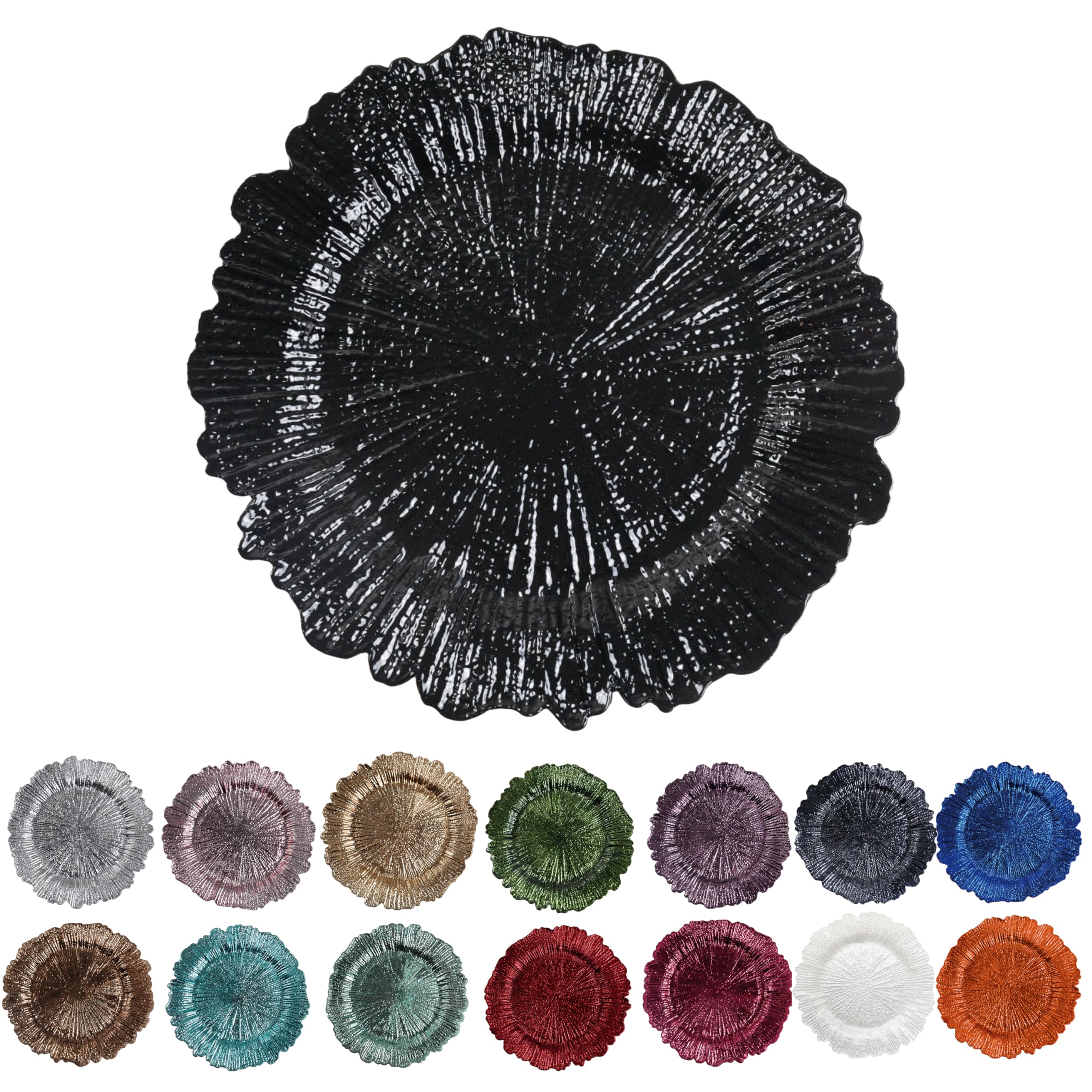 Evershine 13 Inch Black Round Plastic Charger Plates Set of 6 - Floral Reef Design for Dining Plates, Table Setting, Wedding Party Decor - Perfect for Formal Dinners, Buffets & Special Occasions