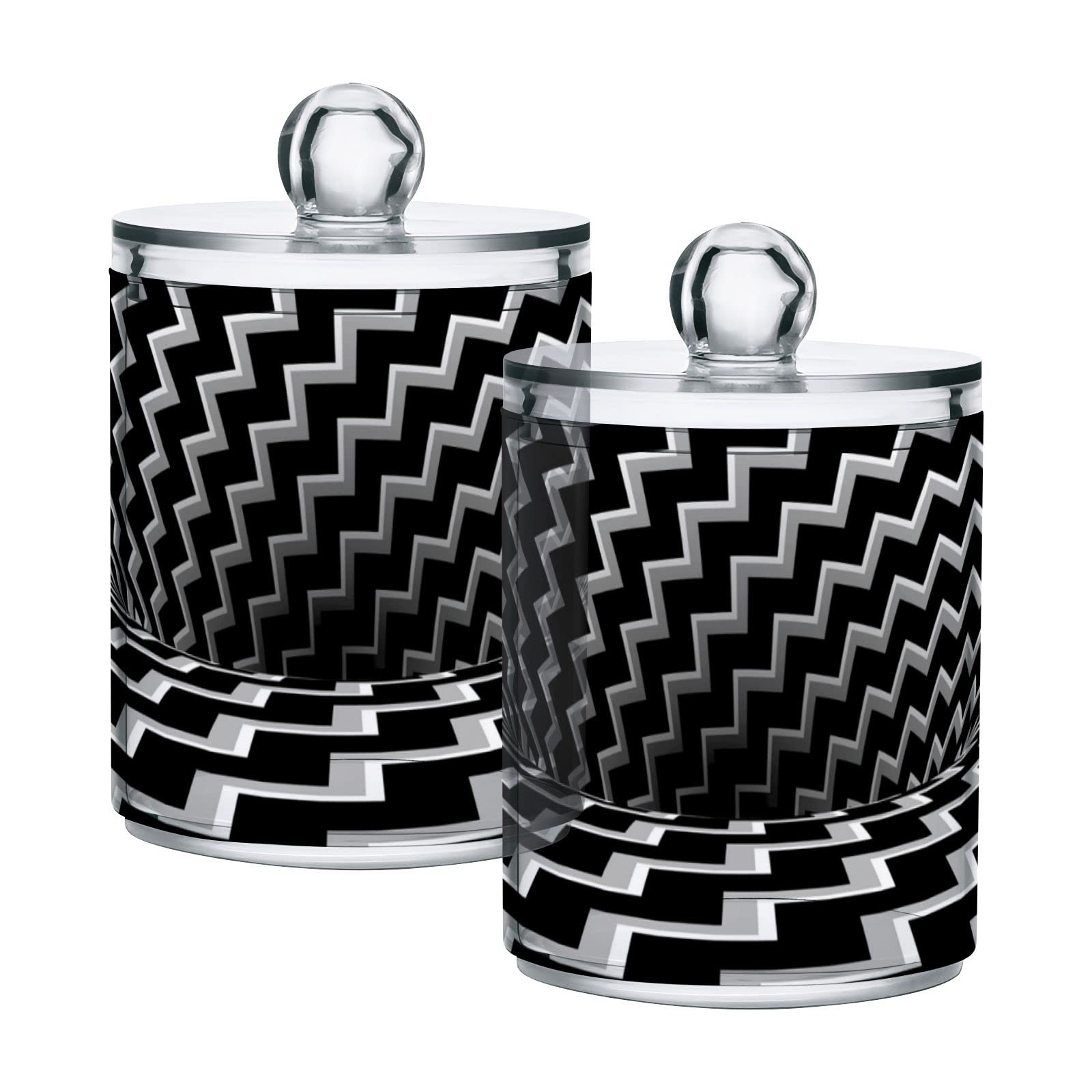 Set of 4 Black & White Zigzag Striped Plastic Storage Jars with Lids - 10oz Translucent Food Containers for Cotton Swabs, Tea, Cookies, Spices | Airtight Kitchen & Bathroom Organization
