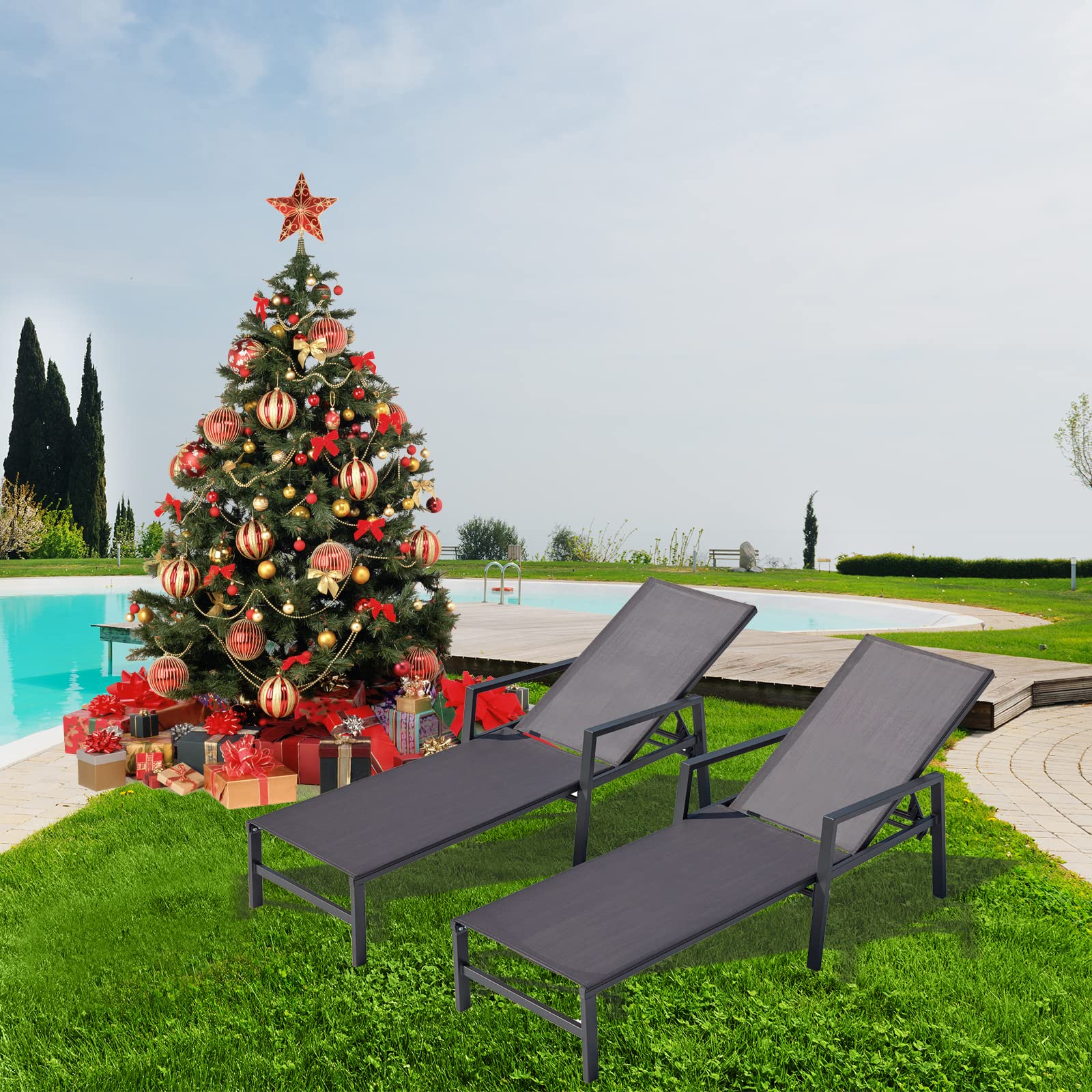 2-Piece Outdoor Patio Lounge Chair Set - Adjustable Aluminum Chaise Lounge with 5 Backrest Positions - Perfect for Backyard, Balcony & Poolside Relaxation (Grey) - Ideal for Sunbathing, Lounging by the Pool, or Outdoor Entertaining