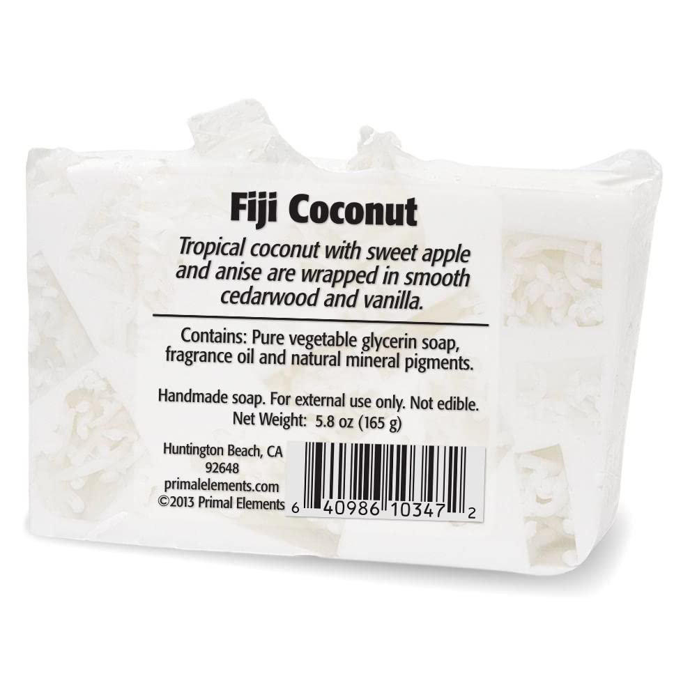 Primal Elements Glycerin Bar Soap for All Skin Types - Sensitive, Oily & Dry Skin Care | Paraben-Free, Vegan, Gluten-Free, 100% Vegetable Based | Fiji Coconut Scent | Perfect for Daily Cleansing, Spa Days & Gentle Skincare Routine