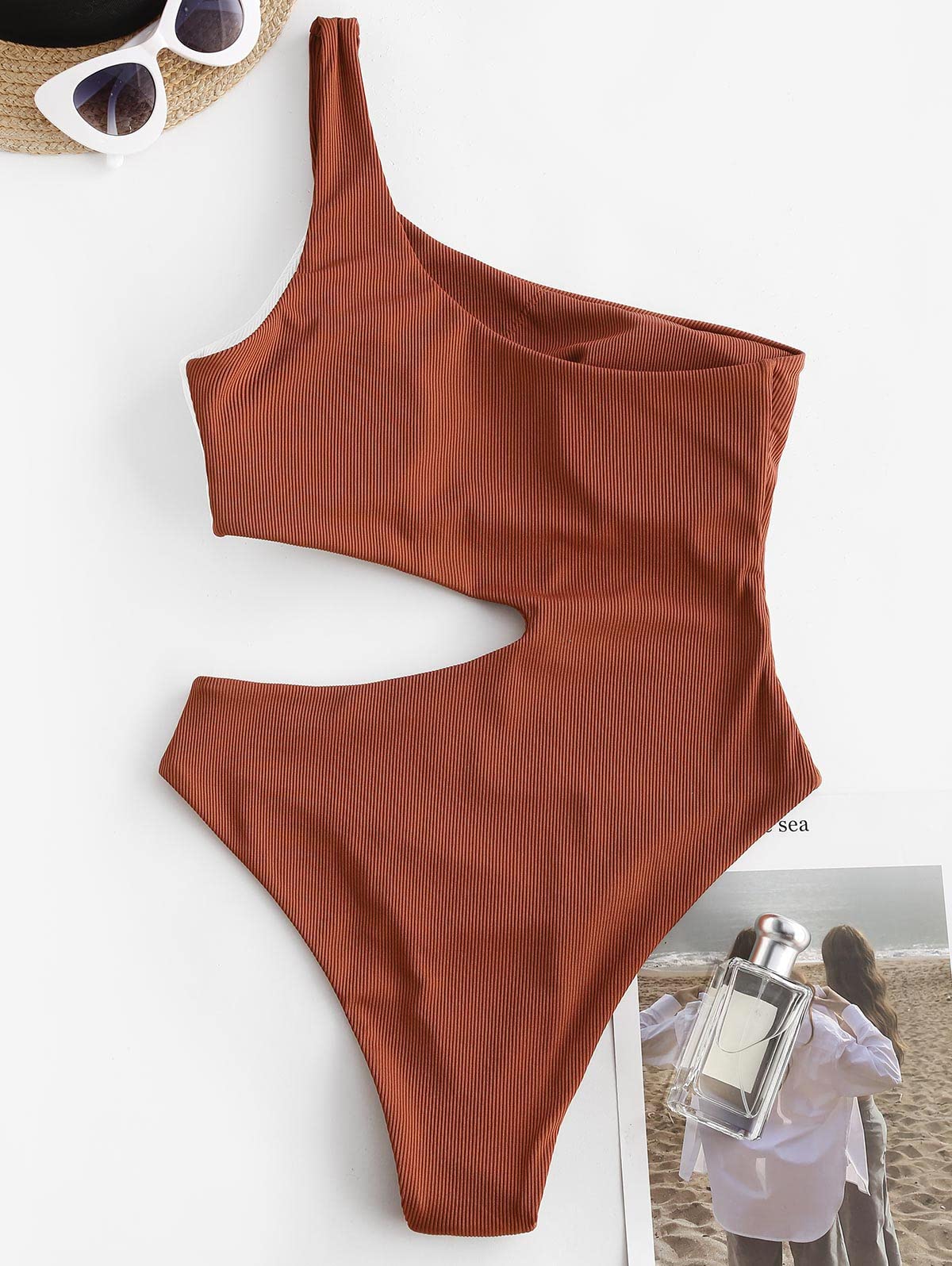 ZAFUL Women's Sexy One Shoulder Ribbed Bikini - Colorblock Cutout Monokini Swimsuit for Beach, Pool Party & Summer Vacation