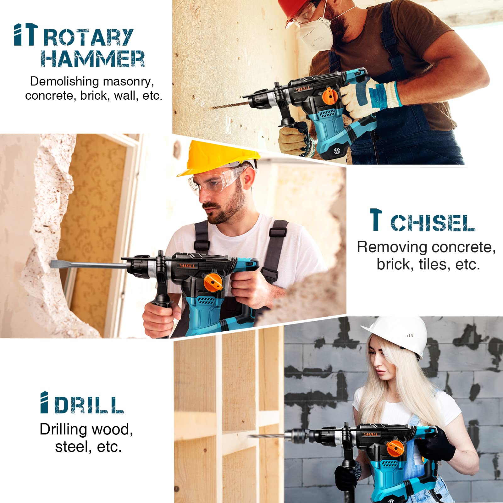 SHALL 1-1/4 Inch SDS Plus Rotary Hammer Drill - 1500W Heavy Duty Demolition Hammer with Speed Adjustment, 4 Functions & 3 Drill Bits - Includes Flat Chisel & Point Chisel (0-950 RPM) - Perfect for Concrete Drilling, Demolition Work & Masonry Projects