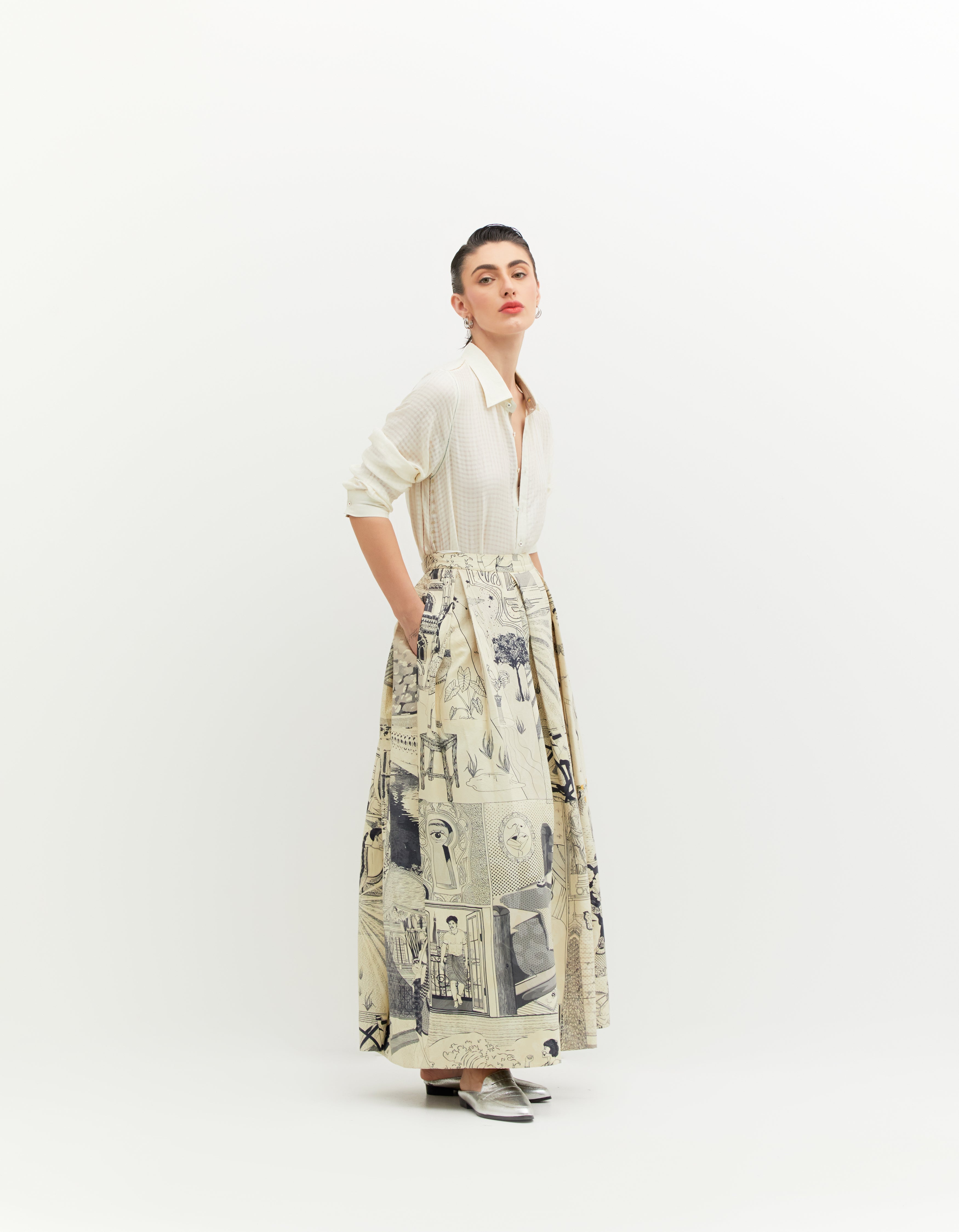 SD Leap Audrey Skirt - Elegant Black & White Silk Damask Midi Skirt for Women | Perfect for Office Wear, Cocktail Parties & Special Occasions