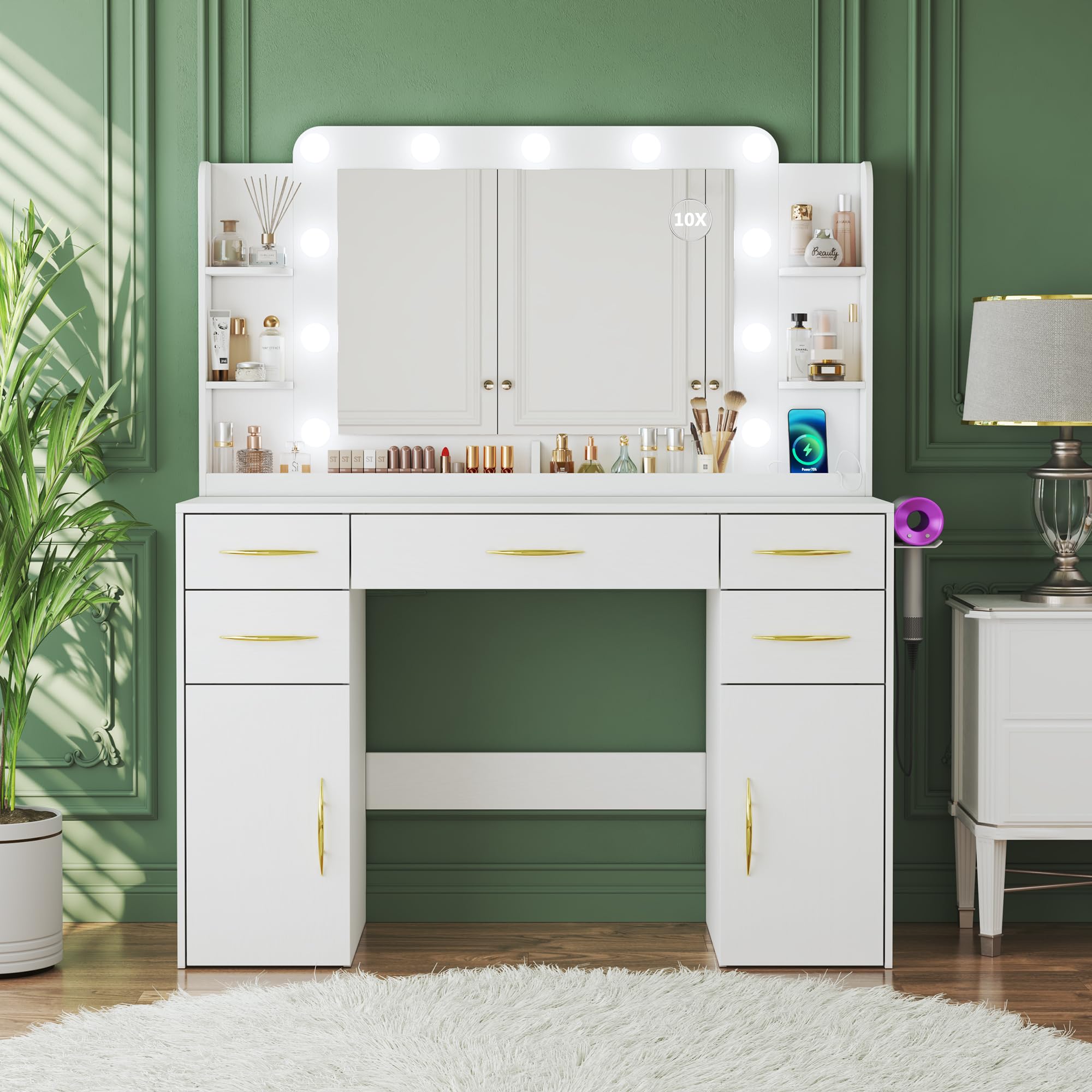 White Makeup Vanity Desk with LED Lights & Mirror - 3 Light Settings, Power Outlet, 5 Drawers & 2 Cabinets - Bedroom Vanity Table with Shelves for Cosmetics & Jewelry Organization | Perfect for Makeup Application, Dressing Area & Home Decor