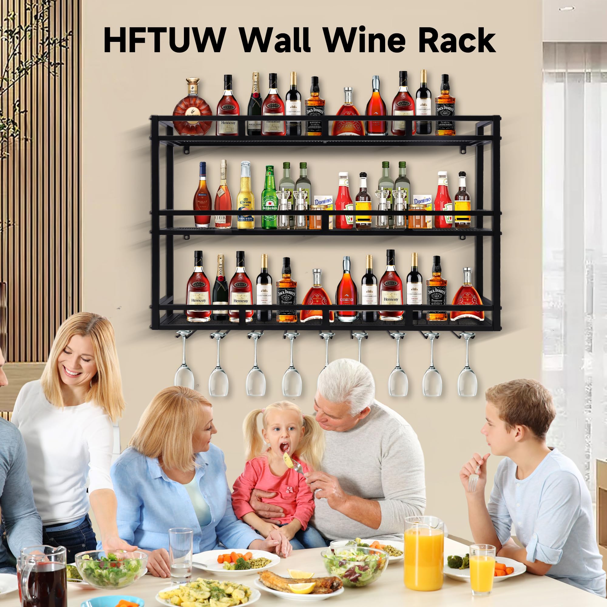 3-Tier Wall Mounted Metal Wine Rack with LED Lights - Large Capacity Liquor Bottle Storage Shelf with Glass Holder (Black, 31in/80cm) - Perfect for Home Bars, Dining Rooms & Kitchen Decor