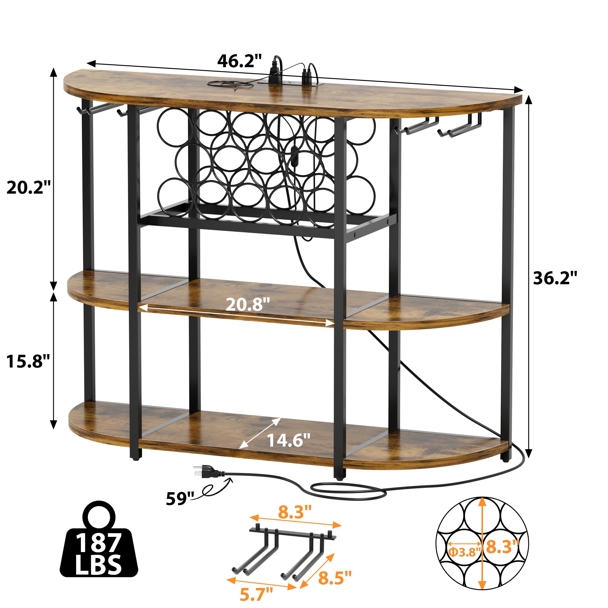 Shahoo Rustic Brown Wine Bar Cabinet with Rack - Built-in Power Outlets & LED Lights, Storage Shelves for Liquor Bottles & Glasses - Perfect for Home Kitchen, Dining Room or Entertainment Area