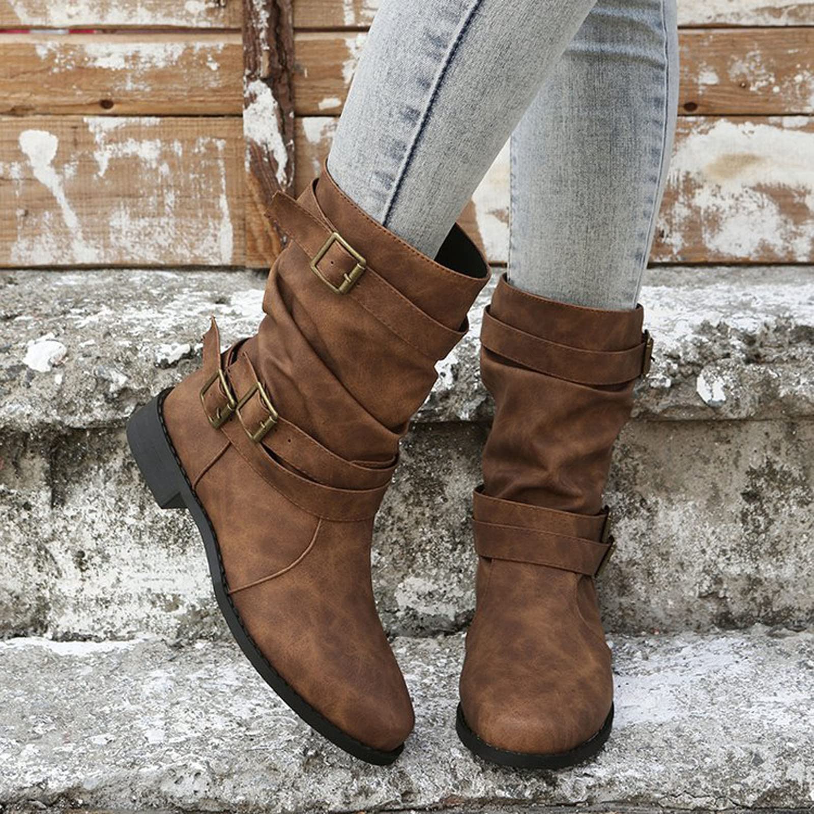 Women's Fashion Ankle Boots with Buckle & Zipper - Retro Denim Short Boots for Casual Wear - Winter Wedge Boots for Women - Perfect for Office, Dating & Daily Outfits