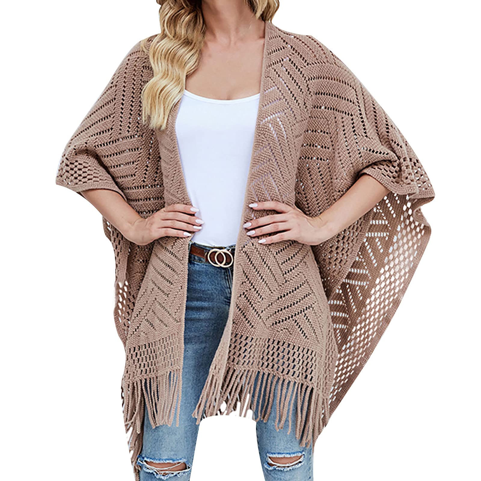 Women's Fashion Knit Cardigan with Hollowed Out Design & Tassel Scarf - Soft Fringed Sweater Top for Casual Wear, Office Outfits & Fall Layering