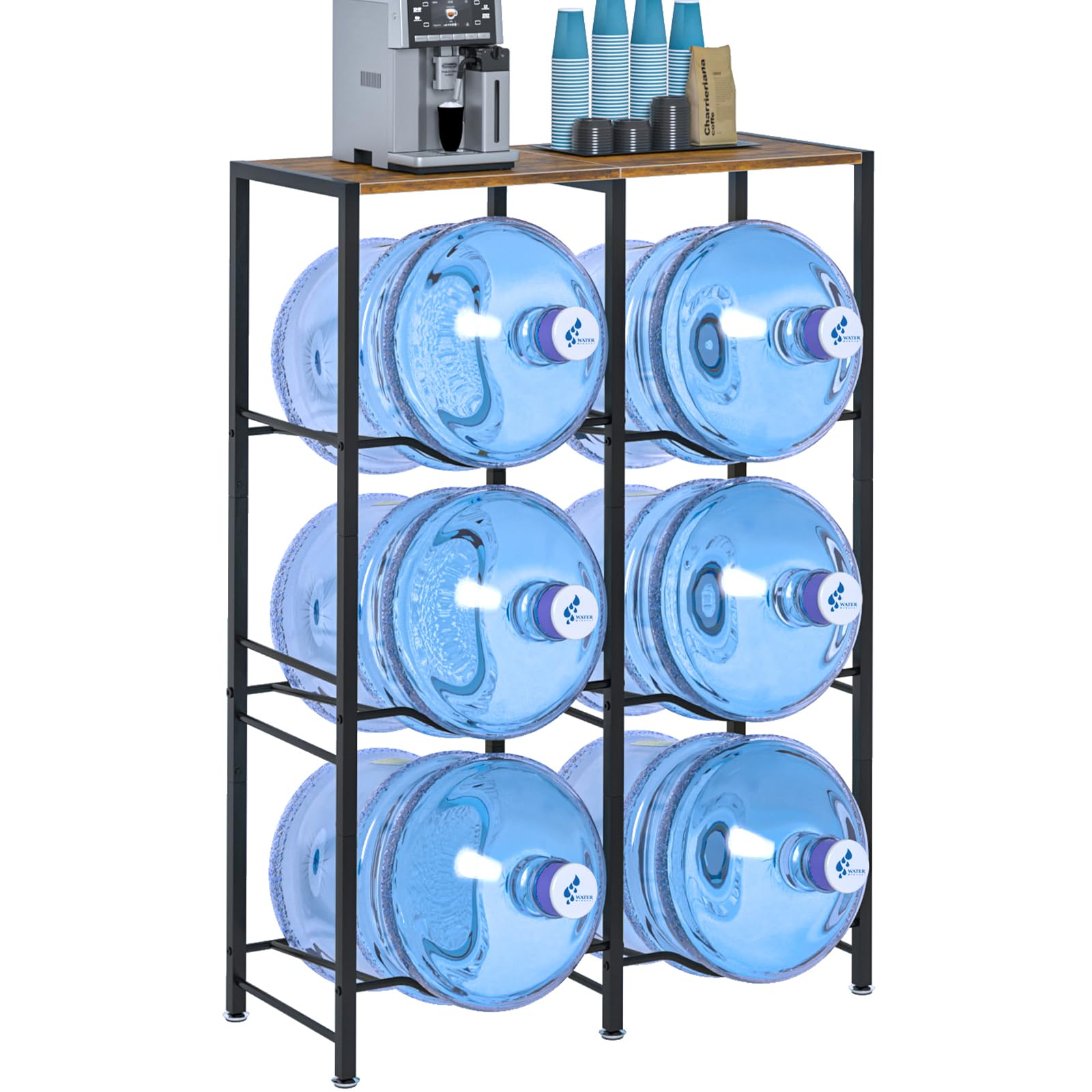5 Gallon Water Jug Holder with Storage Rack - 3-Tier Water Dispenser Stand for Kitchen, Office, Living Room - Sturdy Brown Water Bottle Organizer for Home & Commercial Use