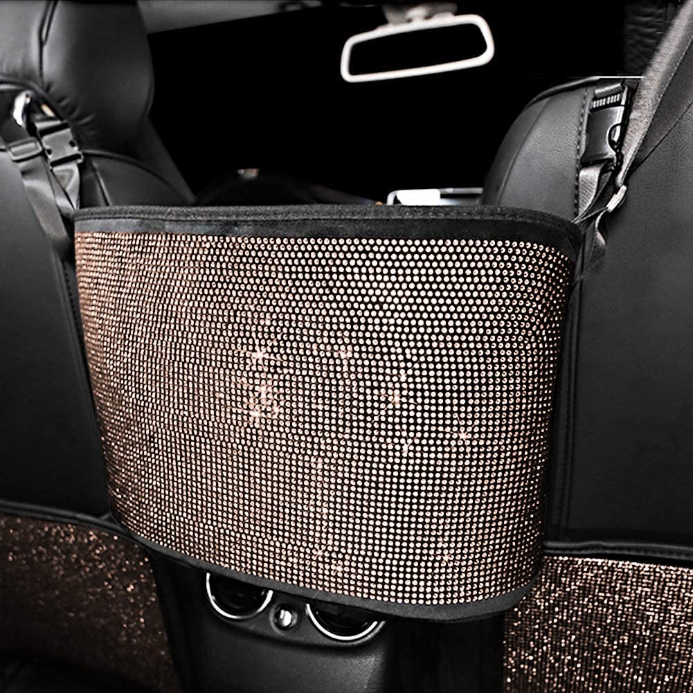 Crystal Car Organizer & Storage Purse Holder with Bling Diamonds - Car Seat Back Net Handbag Accessories for Women, Pet Barrier for Dogs & Kids (Gold) - Perfect for Road Trips, Shopping & Family Travel