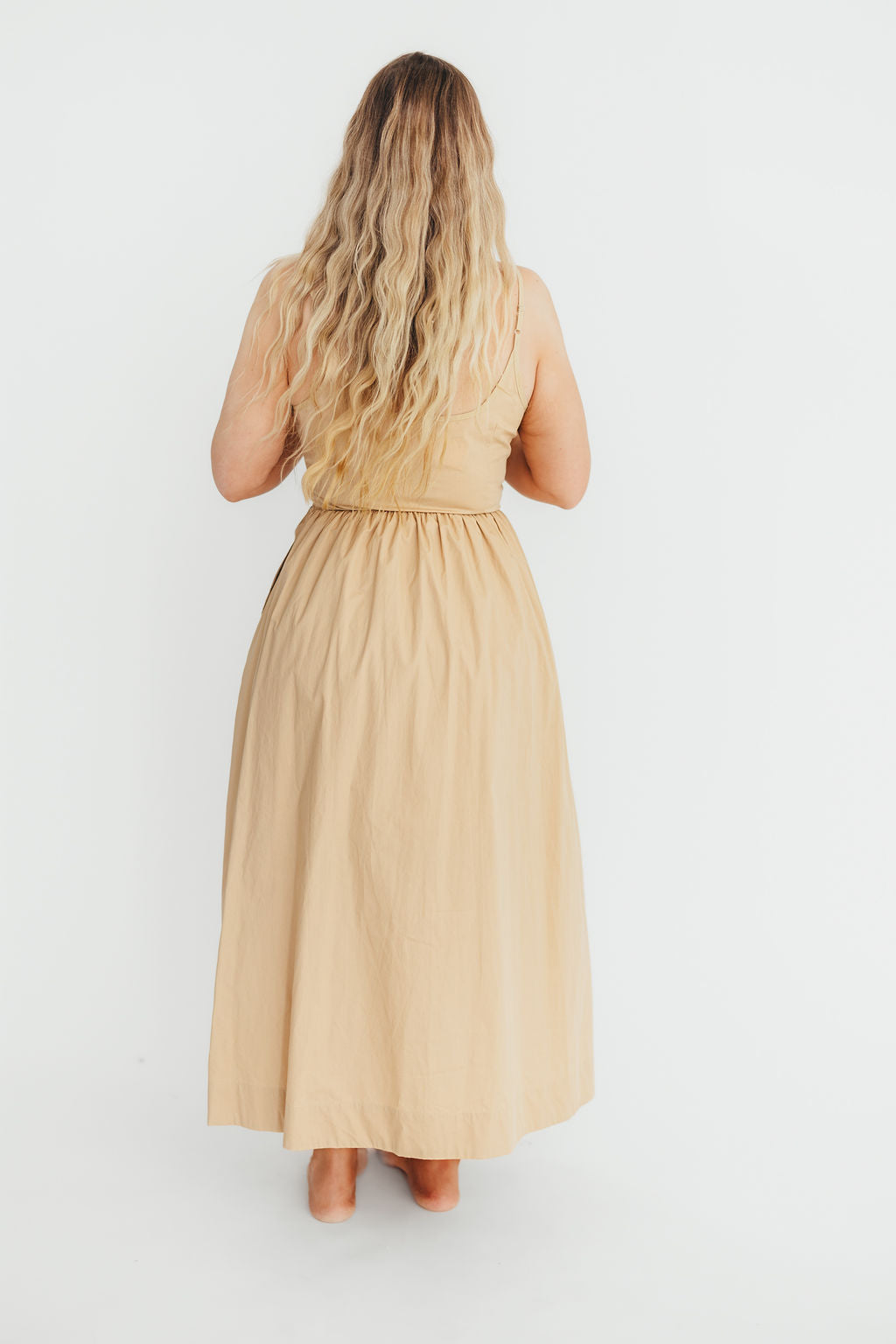 Celeste Square Neck Midi Dress with Bow Detail in Khaki - Elegant Women's Summer Dress for Weddings, Parties & Date Nights