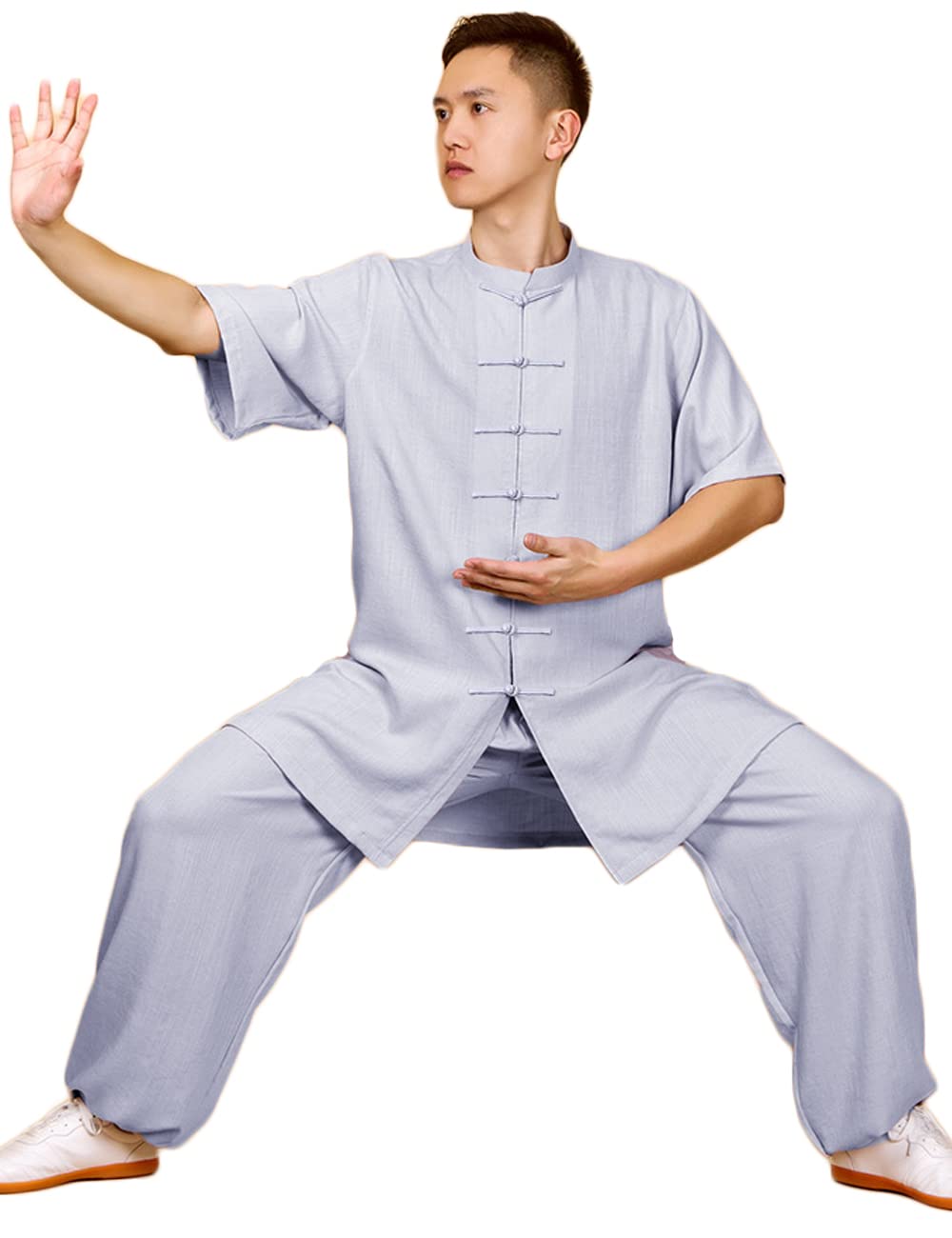 Breathable Unisex Tai Chi Uniform - Cotton Linen Blend Short Sleeve Kung Fu Outfit for Women & Men - Summer Morning Exercise & Martial Arts Clothing (Grey, 3XL) - Perfect for Tai Chi, Qigong, Yoga & Meditation Practice