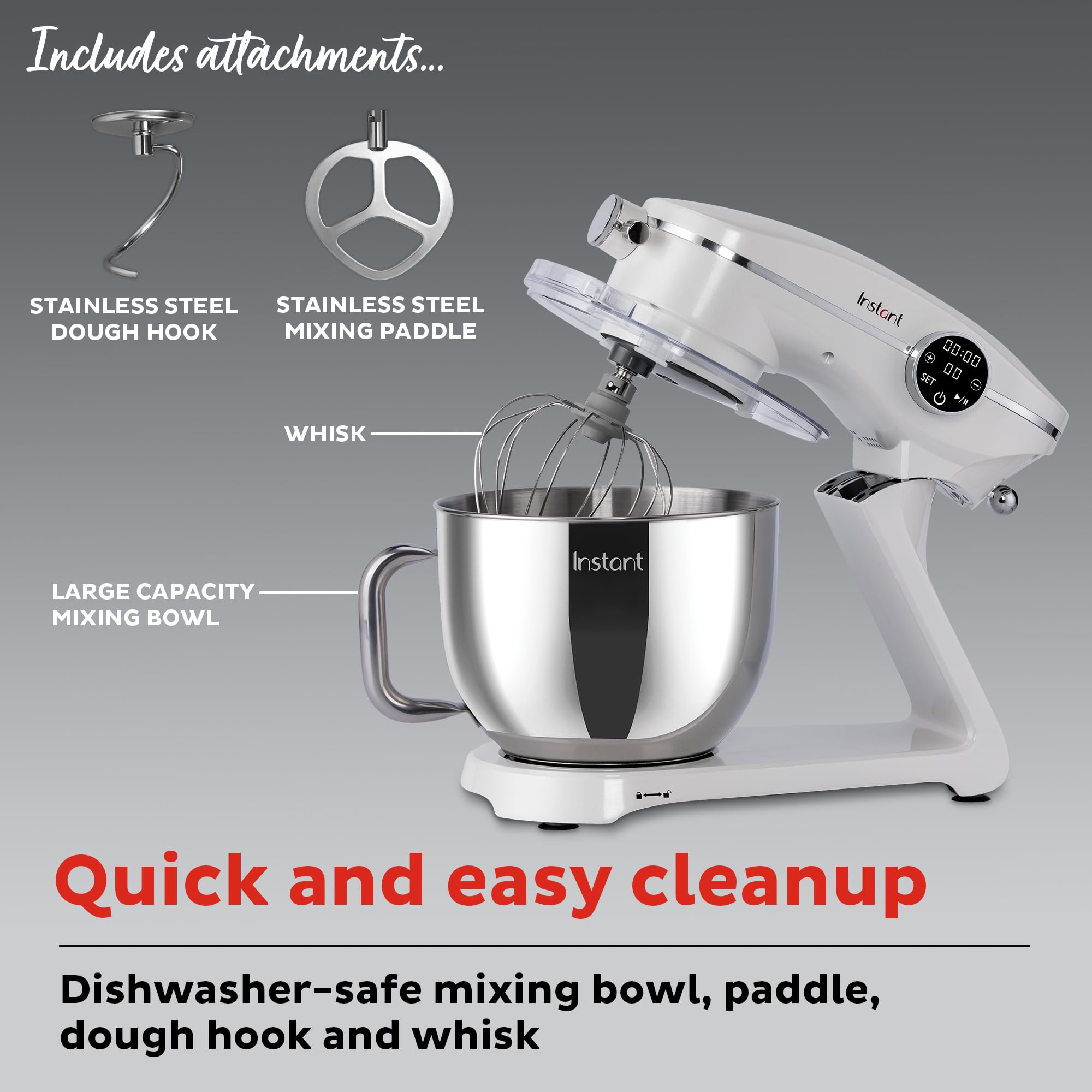 Instant Pot Instant Stand Mixer Pro - 600W 10-Speed Electric Mixer with Digital Display, 7.4-Qt Stainless Steel Bowl, Dishwasher Safe Attachments (Whisk, Dough Hook & Mixing Paddle) - Pearl White | Perfect for Baking Cakes, Cookies, Bread & More in Home Kitchen