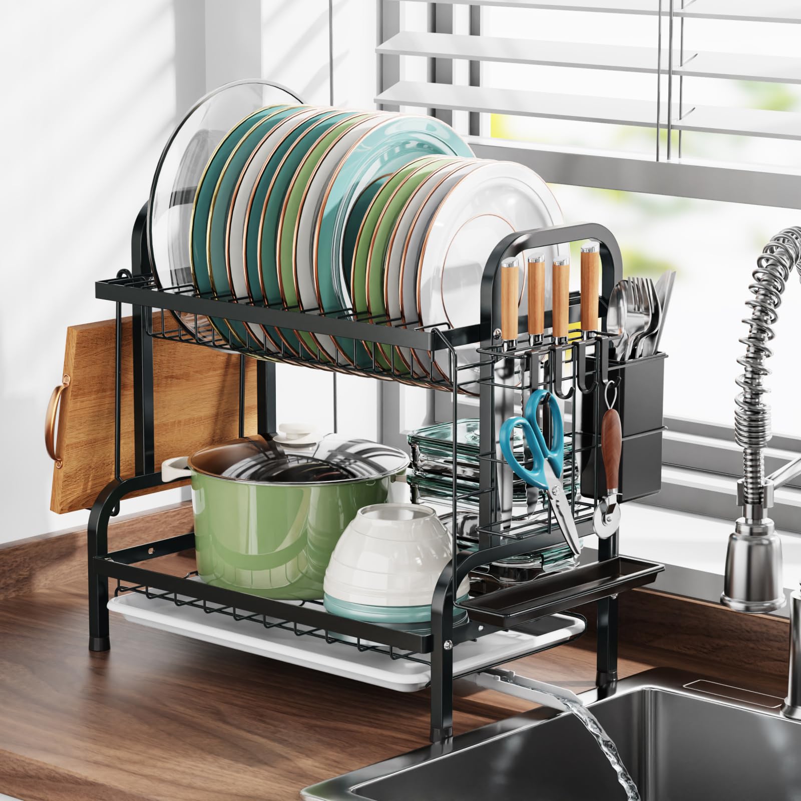 Swedecor 2-Tier Dish Drying Rack - Rust-Resistant Small Dish Drainer with Drain Spout & 4 Hooks Utensil Holder for Kitchen Countertop Space Saving - Perfect for Small Kitchens, Apartments & RVs - Black
