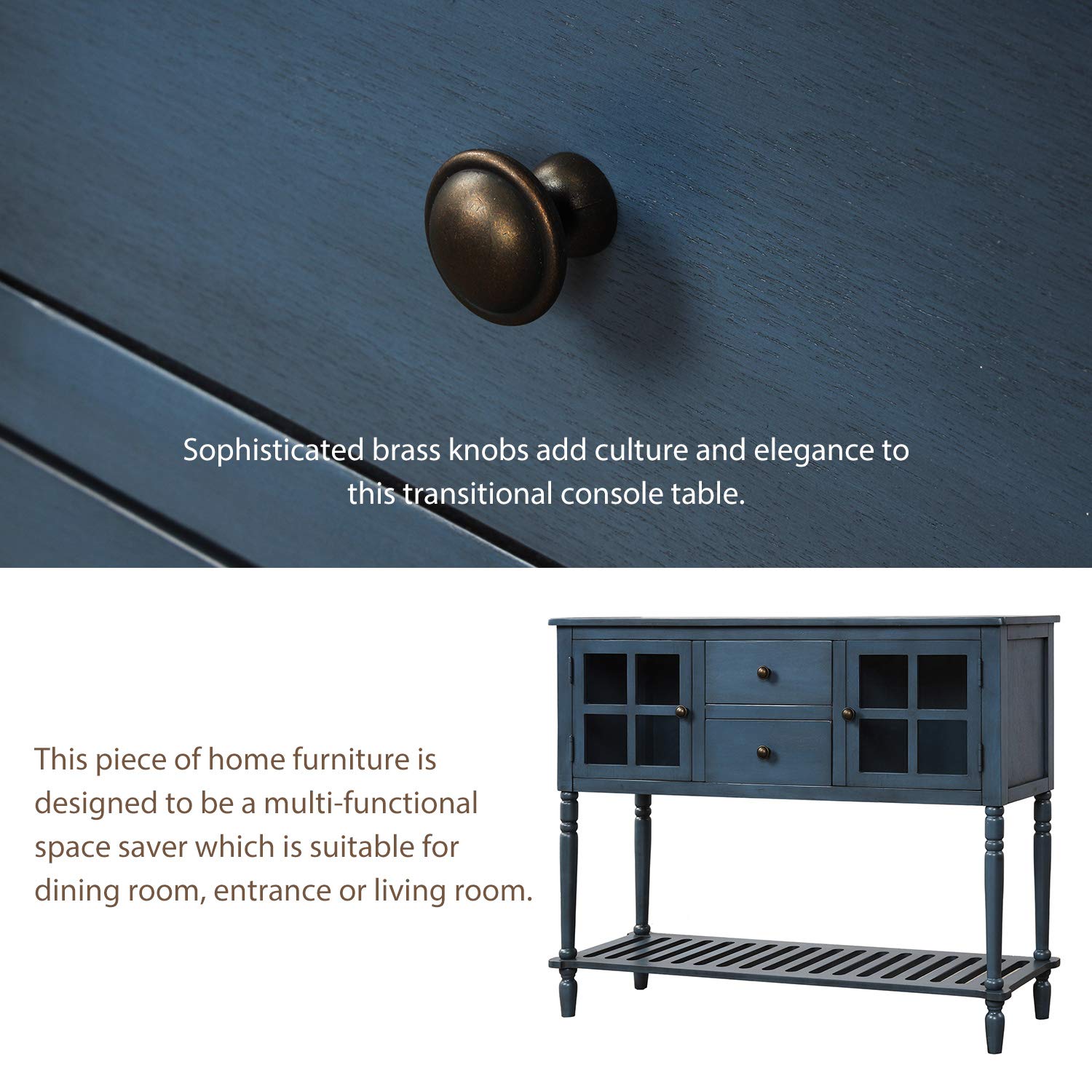 Farmhouse Style Sideboard Console Table with Glass Top and Bottom Shelf - Entryway Sofa Table, Buffet Storage Cabinet for Living Room, Hallway & Dining Room - Antique Navy Finish for Rustic Home Decor