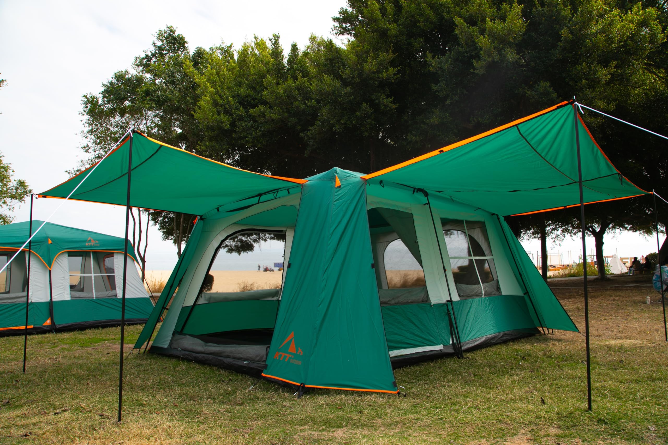 KTT Extra Large Family Cabin Tent for 10-14 People - 2 Room, 3 Door & 3 Window Design with Mesh, Straight Wall & Waterproof Double Layer - Perfect for Camping, Picnics, Outdoor Adventures & Family Gatherings