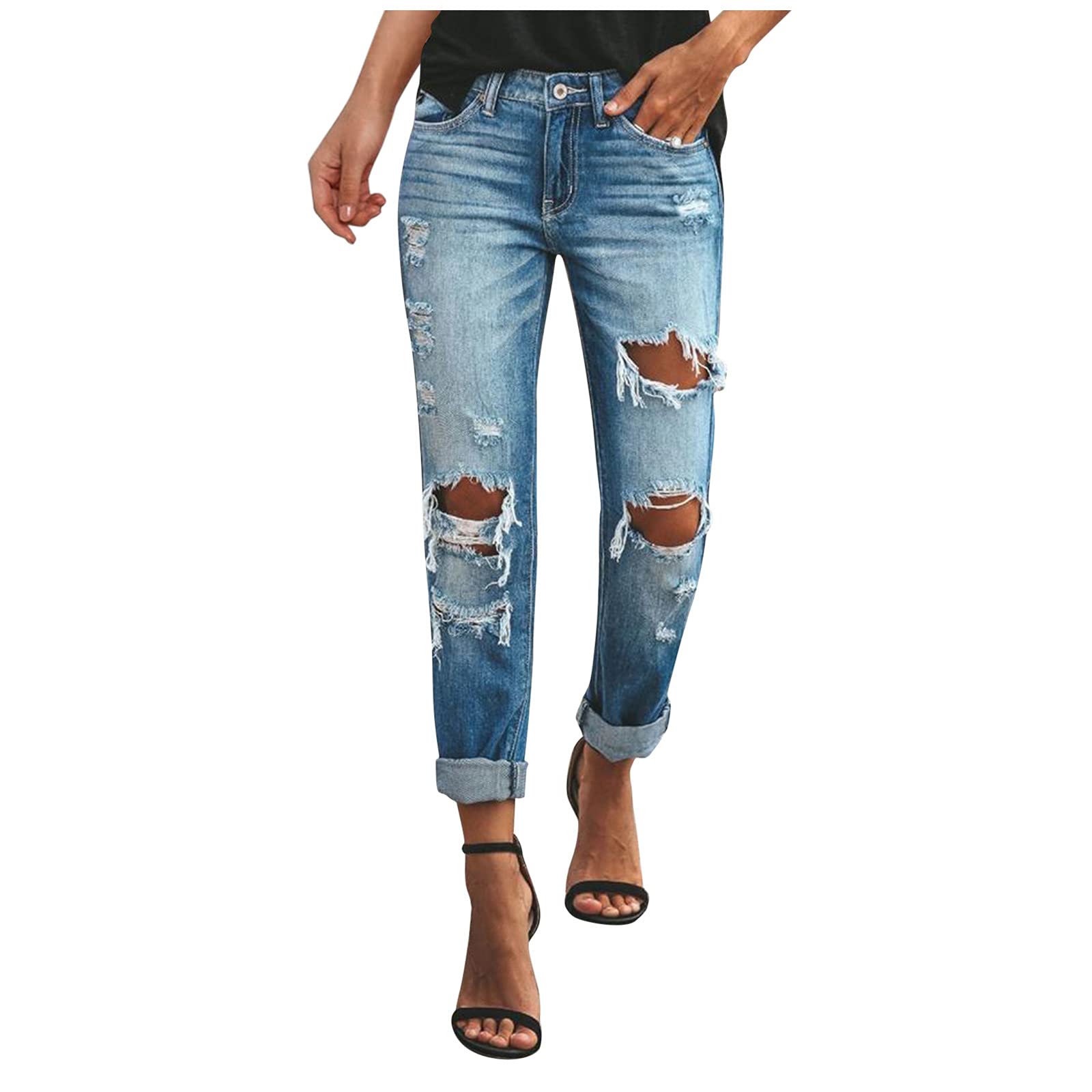 Women's High Waist Flare Jeans - Solid Blue Distressed Ankle Pants for Casual & Party Wear | Fashionable Low Rise Trouser with Ripped Details