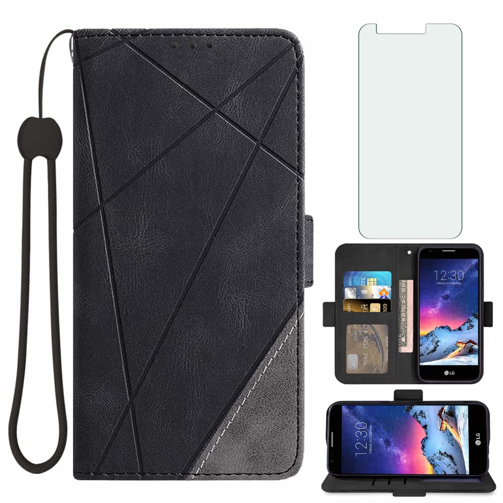 Asuwish LG Aristo 1/Phoenix 3/K8 2017/Risio 2/Rebel 2 LTE Wallet Case with Card Holder & Tempered Glass Screen Protector - Leather Flip Stand Cover for K4/Fortune/LV3 MS210 (Black) - Perfect for Business & Travel Use