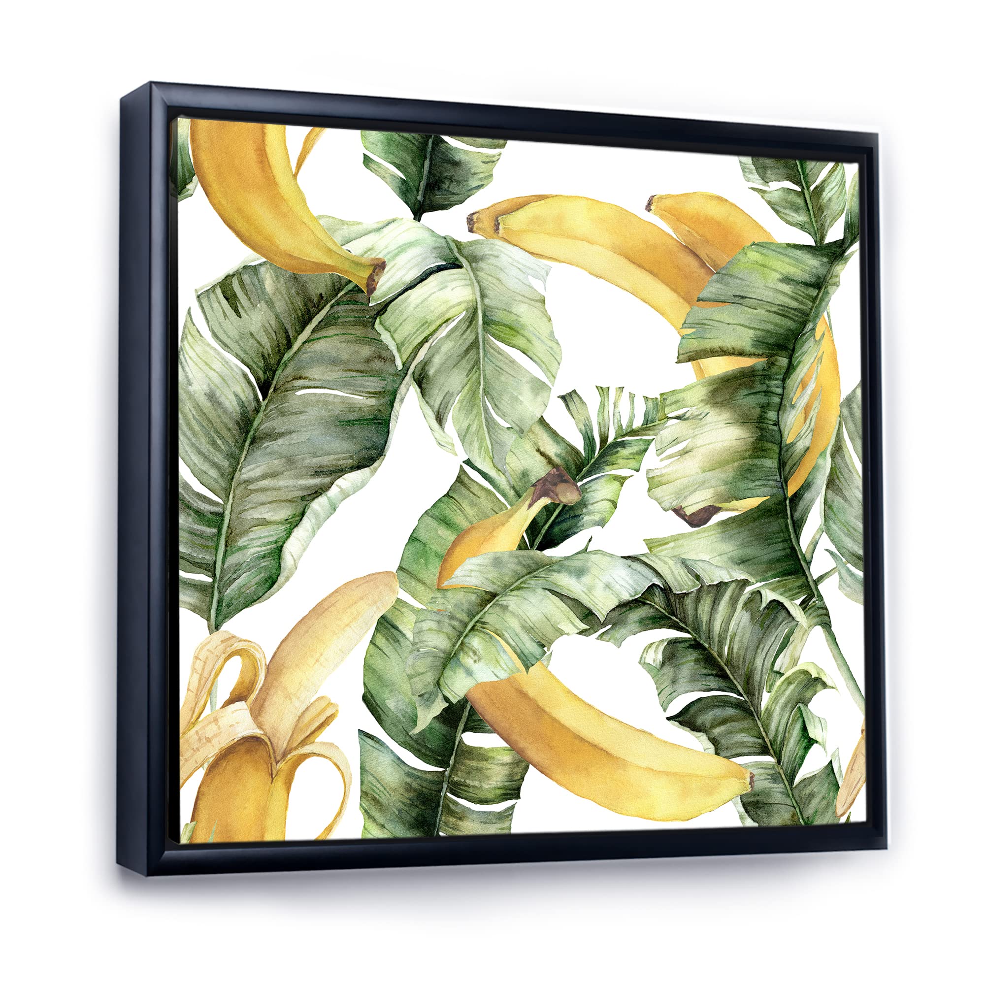 DesignQ Ripe Bananas With Leaves - Coastal Framed Canvas Wall Art Print, Green, 36x36 Inches - Perfect for Beach House Decor, Tropical Kitchen Wall Art & Farmhouse Dining Room