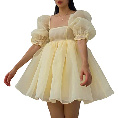 Elegant Women's Puff Sleeve Tulle Mini Dress with Square Neck & Ruffles - Summer Flowy Mesh Princess Party Gown for Prom, Wedding, Cocktail & Special Occasions