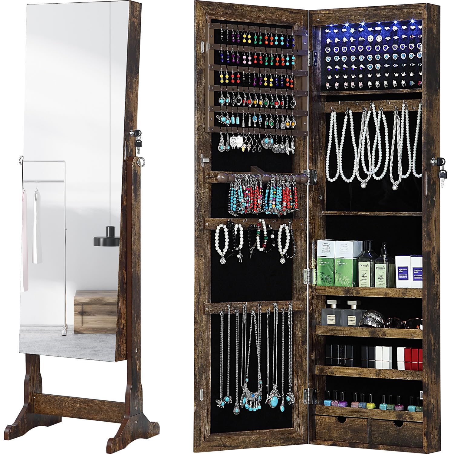 GISSAR Full Length Mirror Jewelry Cabinet - Standing/Wall Mounted Jewelry Armoire Organizer with LED Lights & Lock - Vintage Brown for Bedroom, Closet & Dressing Room Storage