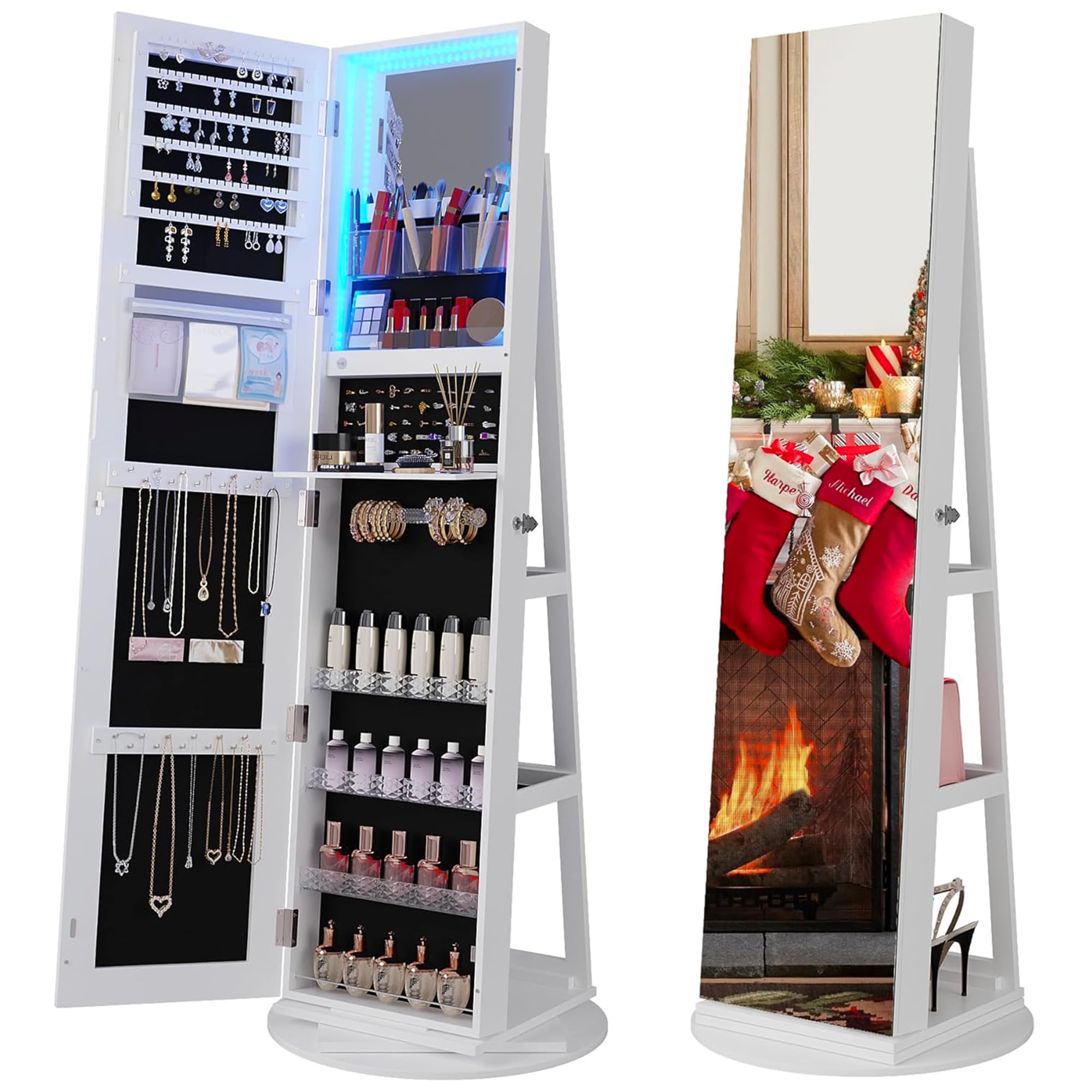 360° Rotating Jewelry Armoire with LED Lights & Full Length Mirror - 63