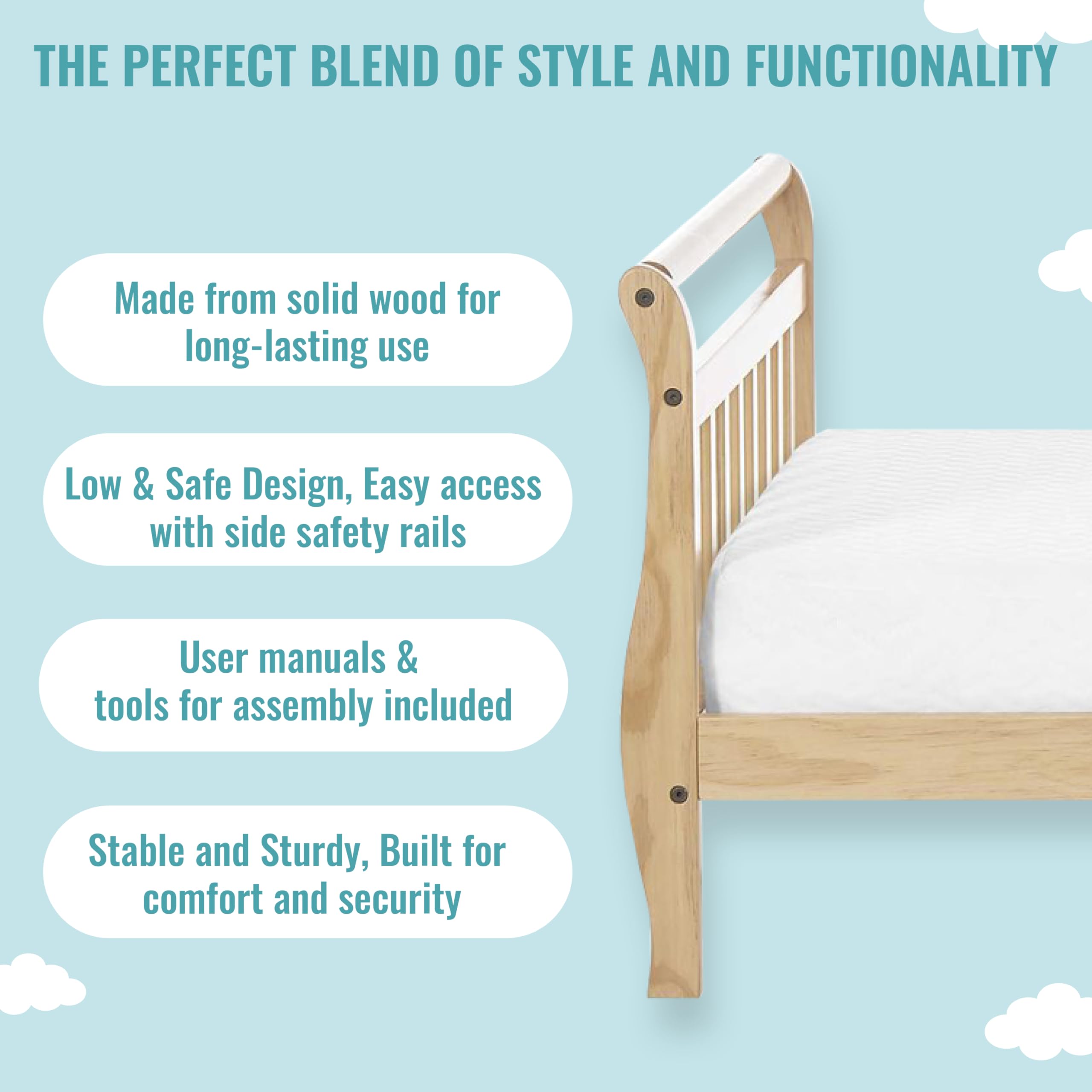 Dream On Me Classic Sleigh Toddler Bed - Natural Wood Finish for Kids Room | Safe & Sturdy Toddler Bed for Boys & Girls | Perfect Transition from Crib to Big Kid Bed