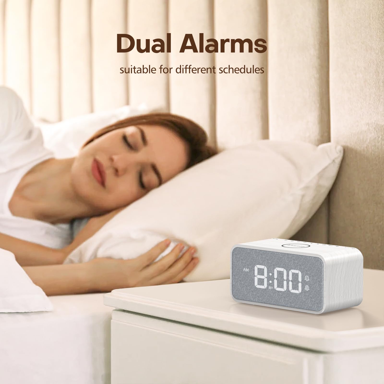 ANJANK Wooden Digital Alarm Clock with Bluetooth Speaker, Wireless Charging for iPhone & Samsung, Dual Alarm, Auto Time Sync, Adjustable Brightness - Perfect for Bedroom, Office, Nightstand & Home Decor