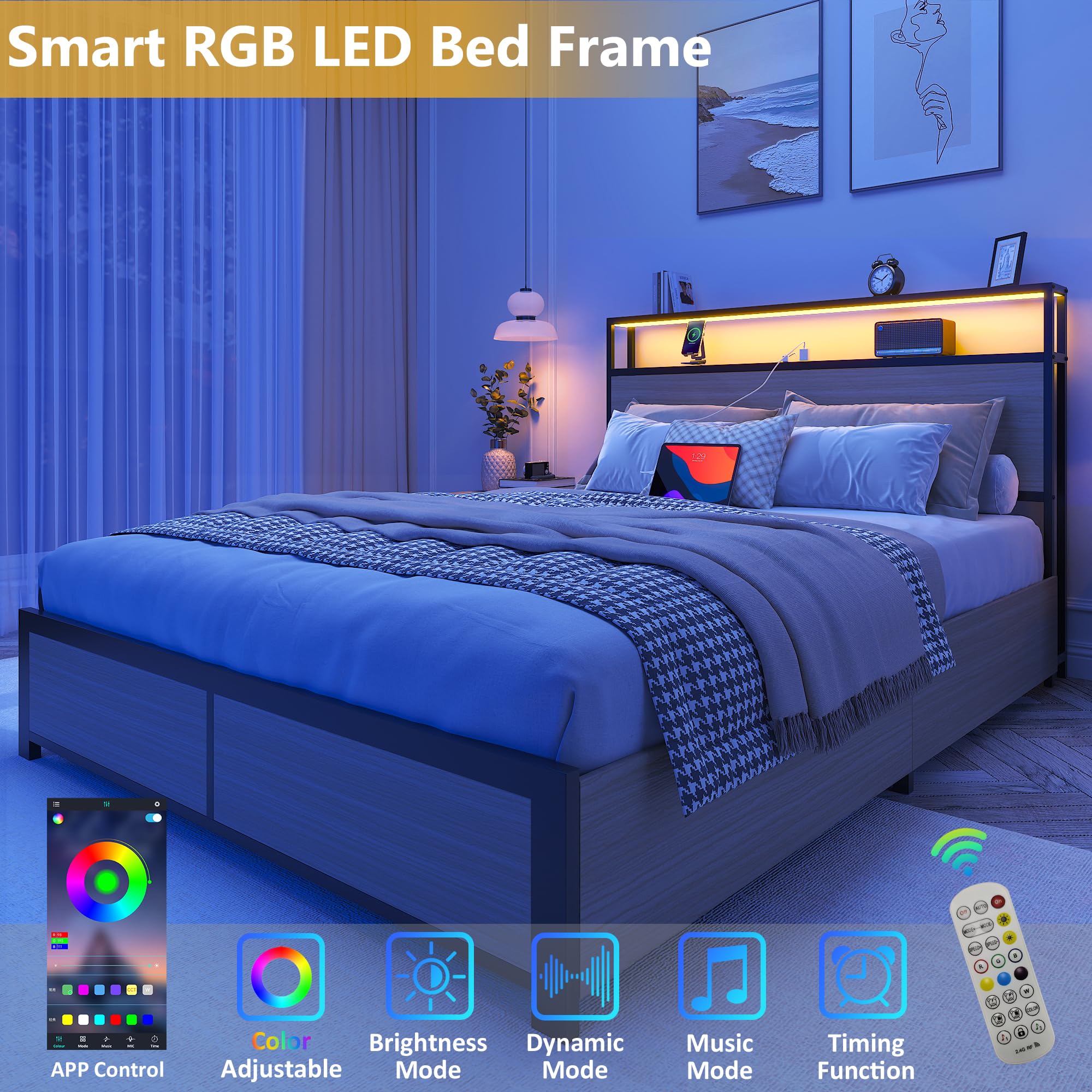 Full Bed Frame with Storage Headboard & Drawers, LED & Charging Station - Perfect for Small Bedrooms