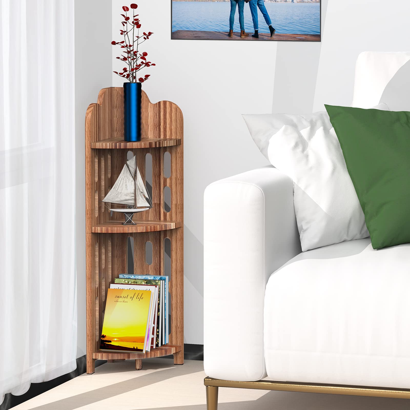 3-Tier Pine Wood Bathroom Corner Shelf - Space-Saving Shower Organizer, Plant Stand & Nightstand for Living Room, Bedroom & Home Office - Elegant Narrow Space Solution for Bath Essentials, Decor & Storage