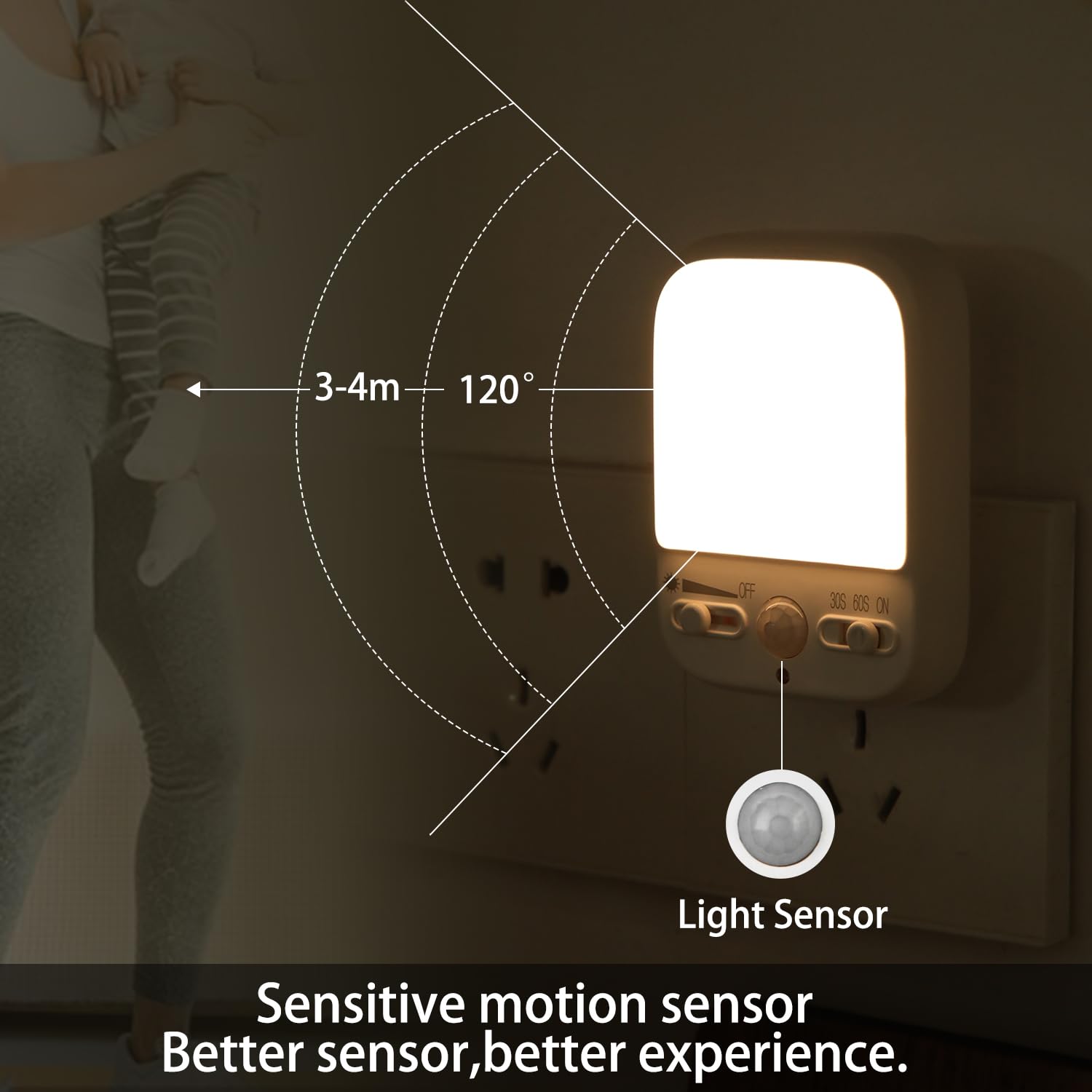 Energy Efficient LED Night Light Plug-in with Motion Sensor - Dusk to Dawn, 4 Lighting Modes & Adjustable Warm White - Perfect for Bedrooms, Hallways, Nursery (2 Pack) - Ideal for Elderly, Kids & Baby Safety