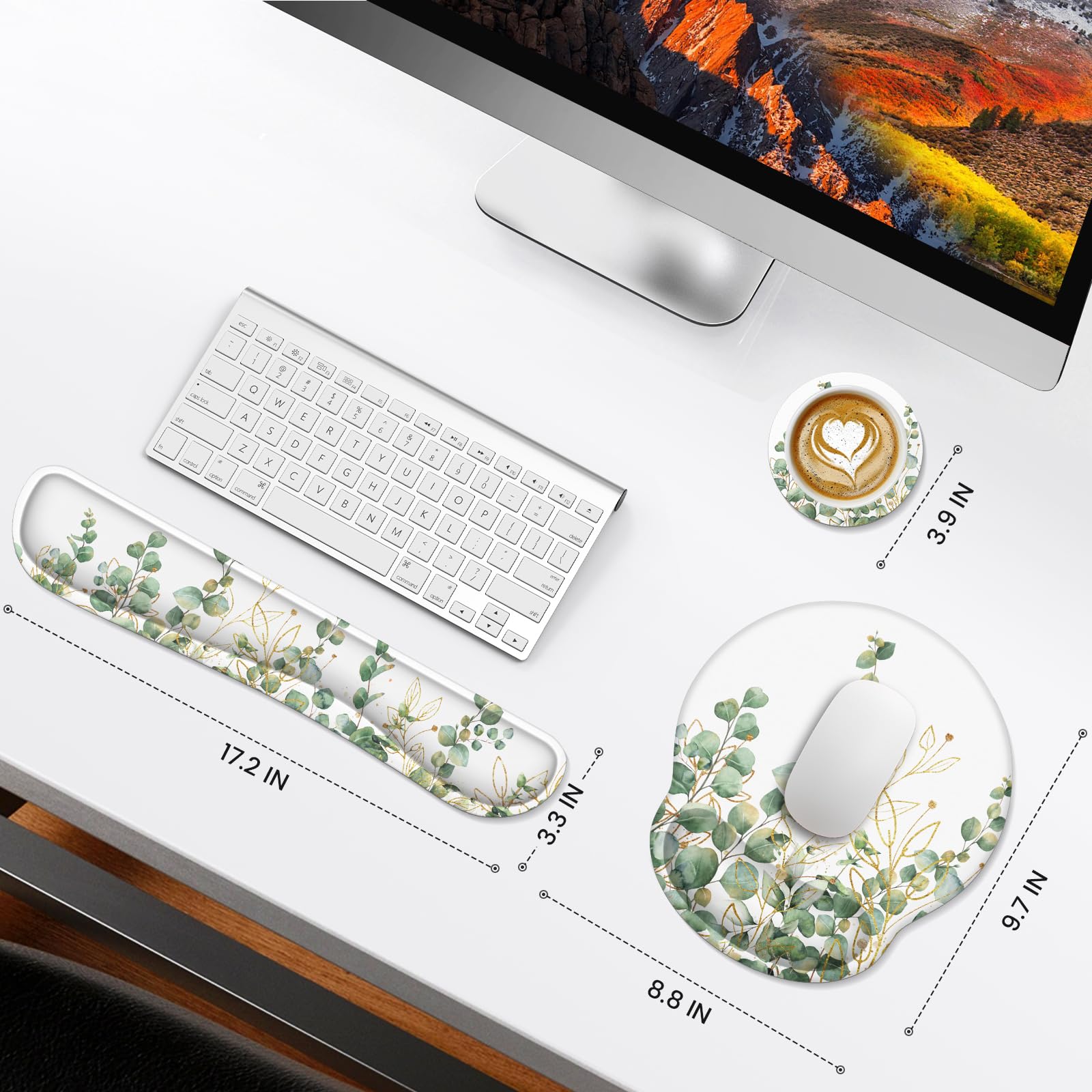 Ergonomic Mouse Pad with Wrist Rest Set - Comfortable Keyboard & Mouse Pad for Pain Relief, Non-Slip Base for Home & Office Computer Workstations - Perfect for Typing, Gaming, and Long Work Sessions (Eucalyptus Design)