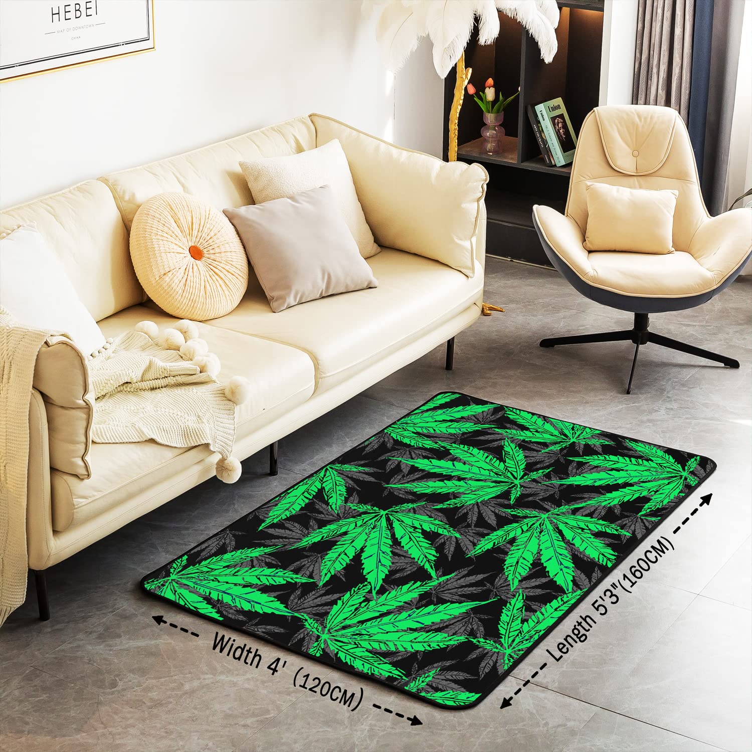 **Jejeloiu Marijuana Weed Leaf Area Rug 4x5 ft - Cannabis Leaves Decorative Rug for Living Room, Bedroom & Dorm - Green Grey Black Botanical Plant Print Accent Rug - Perfect for Home Decor & Stoner Gifts**