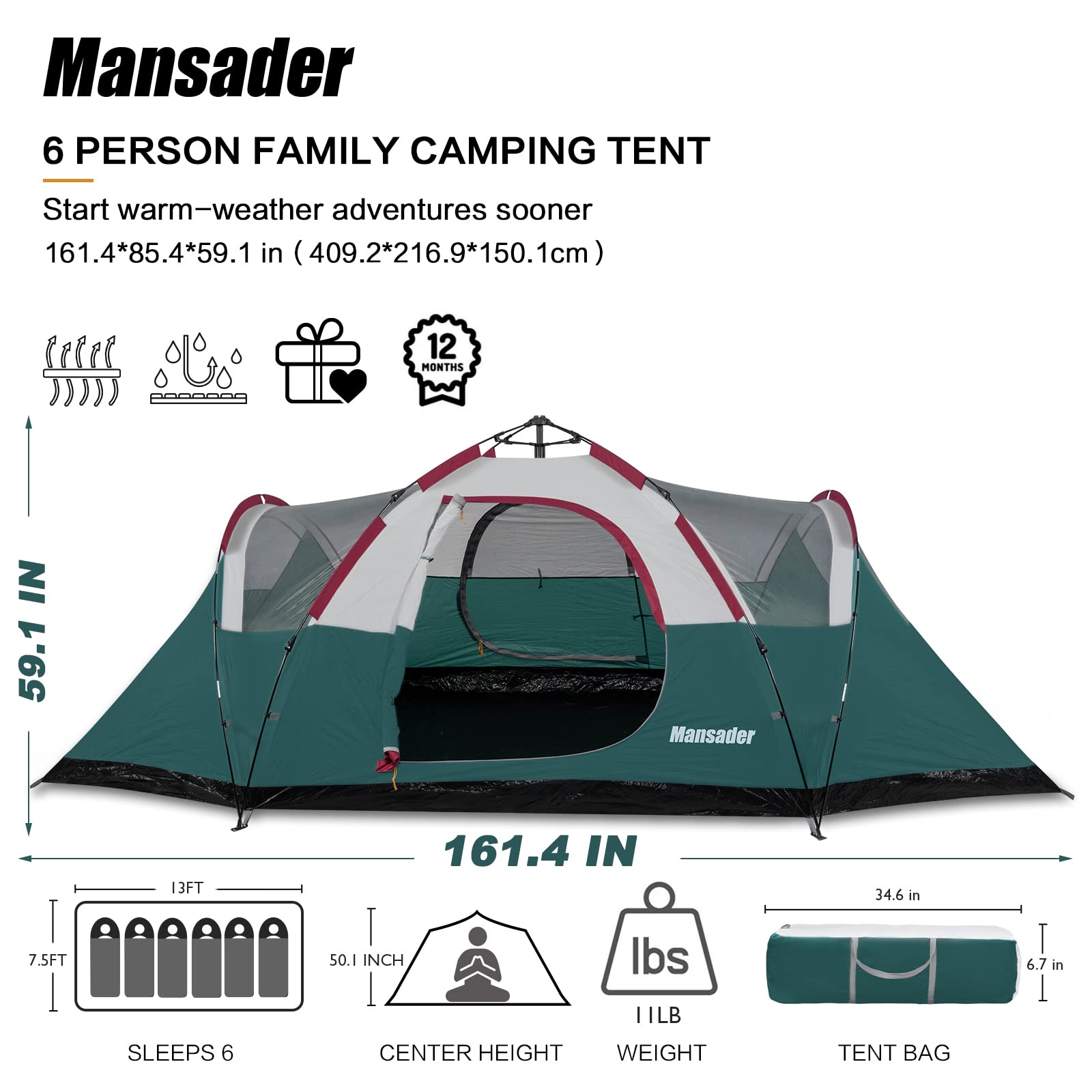 6 Person Family Camping Tent - Waterproof Windproof with Top Rainfly - Easy Setup Pop Up Tent for Outdoor Camping, Hiking & Travel - Perfect for Family Adventures, Backpacking Trips & Music Festivals