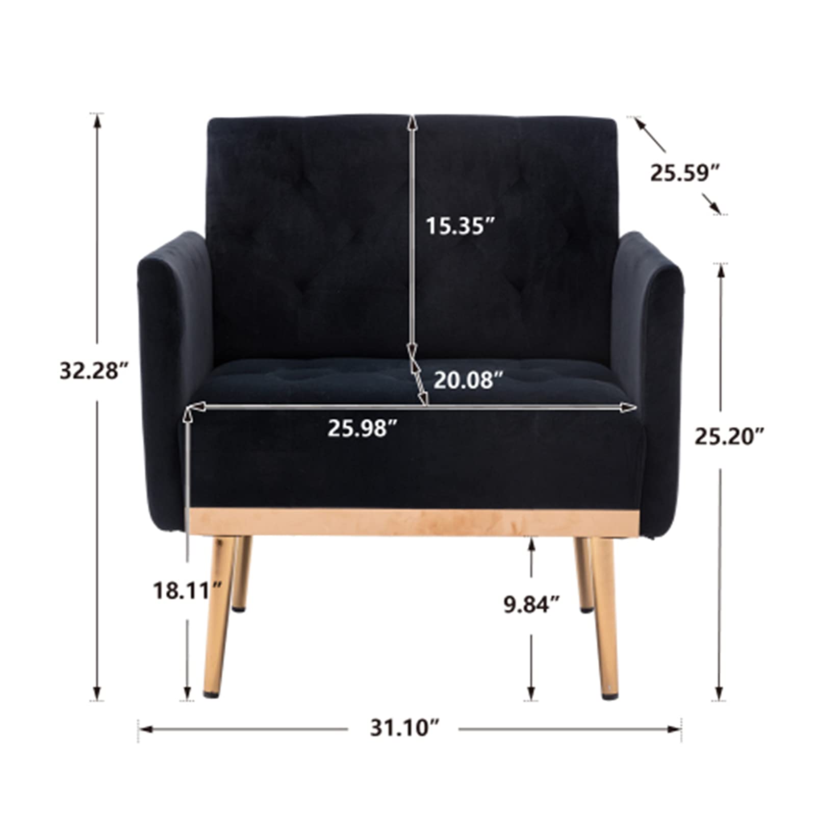 Square Velvet Accent Chair with Golden Metal Legs - Modern Single Sofa for Living Room, Bedroom & Office - Soft Black Upholstery - Perfect for Coffee Nooks, Reception Areas & Cozy Reading Corners