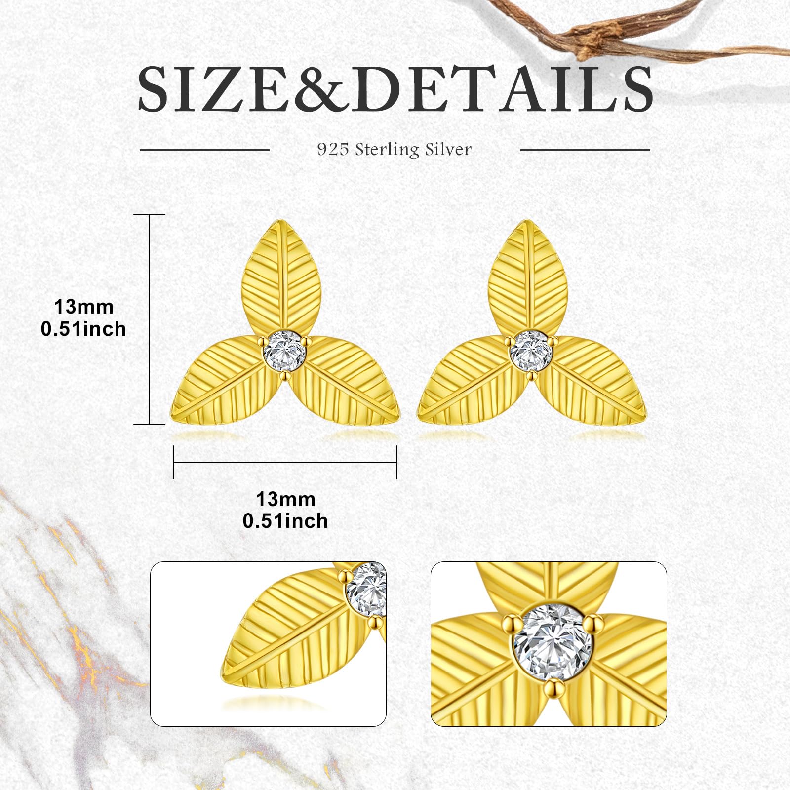 Moissanite Leaf Stud Earrings for Women - 925 Sterling Silver Gold Plated Three Leaf Earring Set with Genuine Moissanite | Perfect for Everyday Wear, Gift Giving & Special Occasions