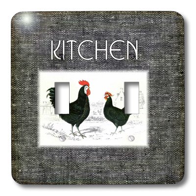 2 Roosters on Black Denim with Word Kitchen Light Switch Cover - 3D Printed Wall Decor for Home & Office - Perfect for Farmhouse, Country Style Kitchens