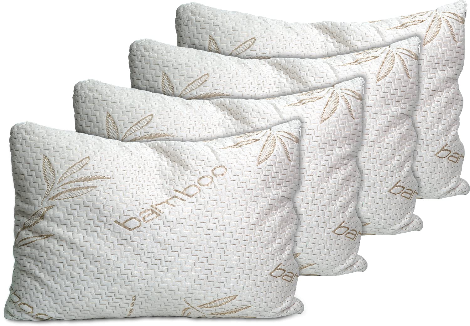 Sleepsia Bamboo Pillow (4 Pack Queen & King Size) - Adjustable Shredded Memory Foam Pillow for Side, Back & Stomach Sleepers - Premium Orthopedic Pillow with Washable Cover - Perfect for Neck Pain Relief & Better Sleep