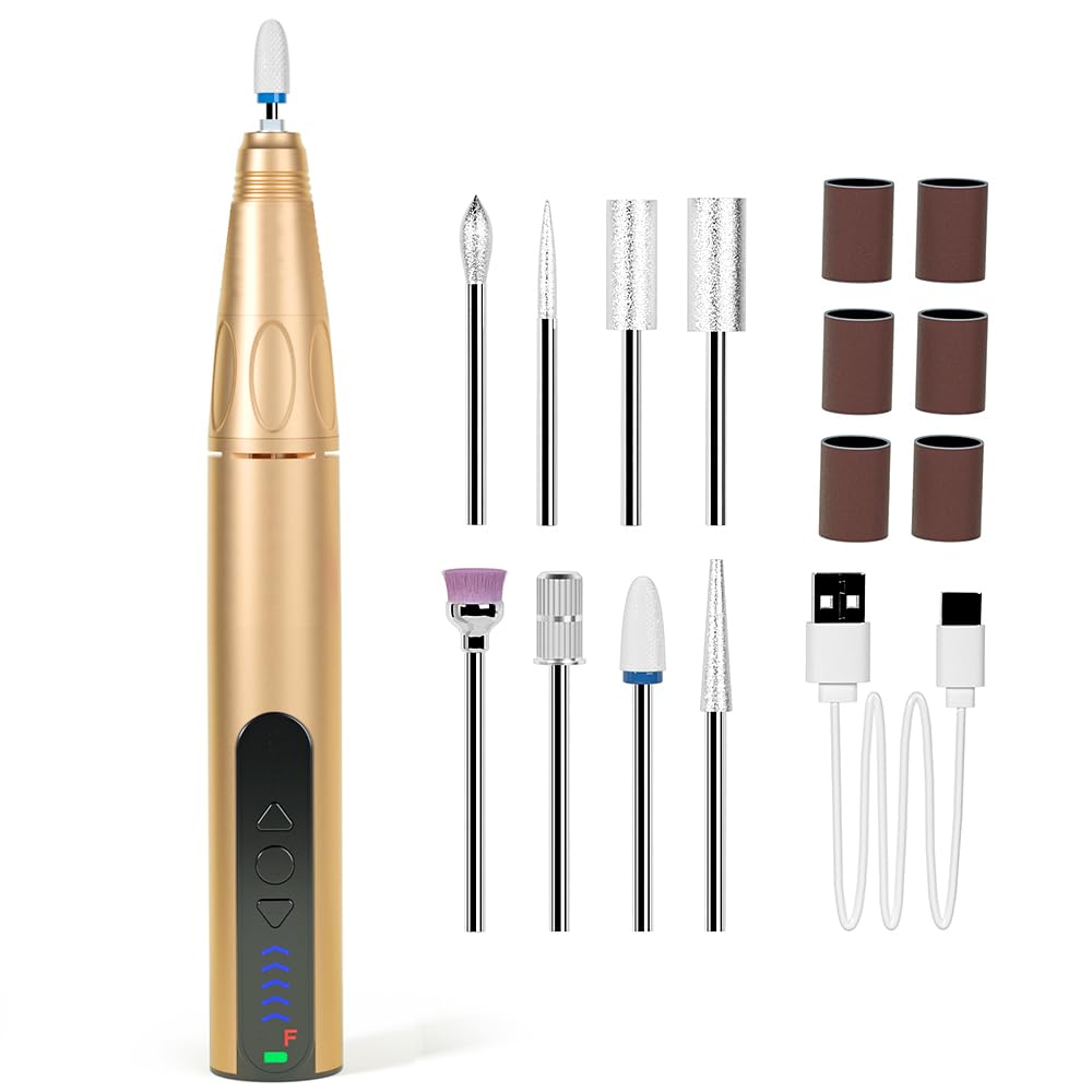 Professional 30000RPM Rechargeable Nail Drill Kit for Acrylic & Gel Nails - 18K Gold Electric Nail File with 8 Bits | At-Home Manicures, Salon Quality Nail Art, DIY Nail Extensions & Pedicures
