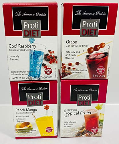 High Protein Gel Concentrate Variety Pack - Proti Diet Cool Raspberry, Grape, Peach Mango & Tropical Fruits - 4 Boxes (28 Servings) - Low Calorie, Low Carb, Low Sugar Snacks for Weight Loss & Keto Diet - Perfect for On-the-Go Energy & Post-Workout Recovery