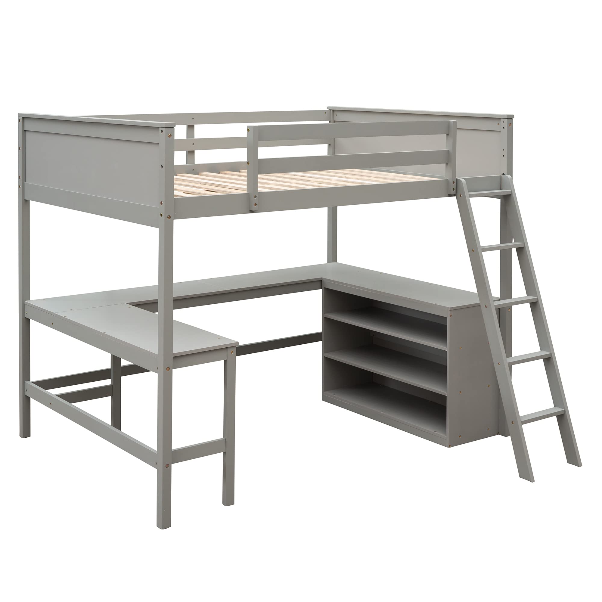 Harper & Bright Designs Full Size Loft Bed with Desk & Storage Shelves - Sturdy Wooden High Loft Bed with Safety Guardrails for Kids & Teens - Space-Saving Study & Sleep Solution (Full, Gray) - Perfect for Small Bedrooms, Dorms & Shared Kids' Rooms