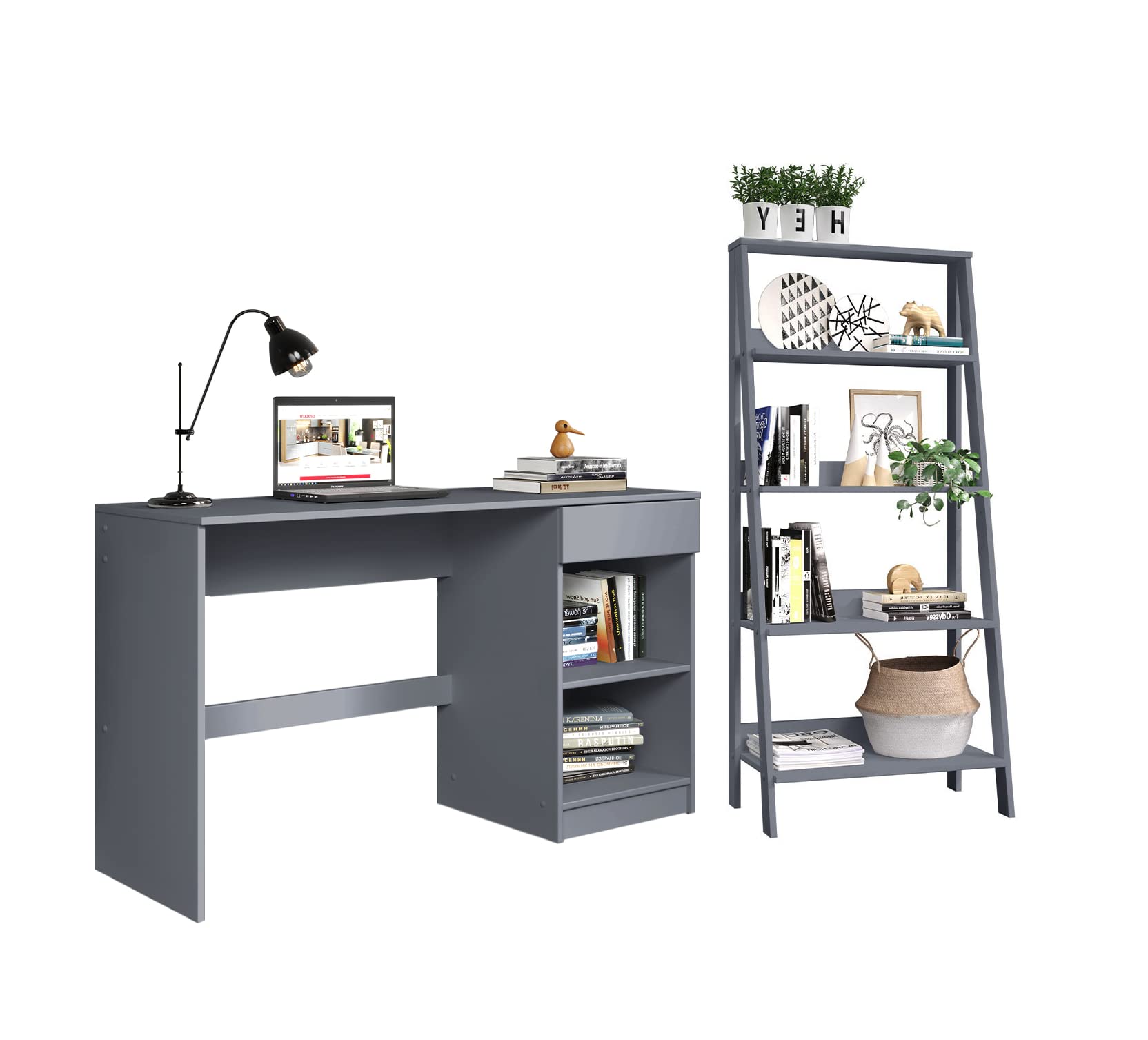 MADESA Home Office Desk with Storage Shelves & 5-Tier Bookcase Set in Grey - Perfect for Small Spaces, Remote Work & Study