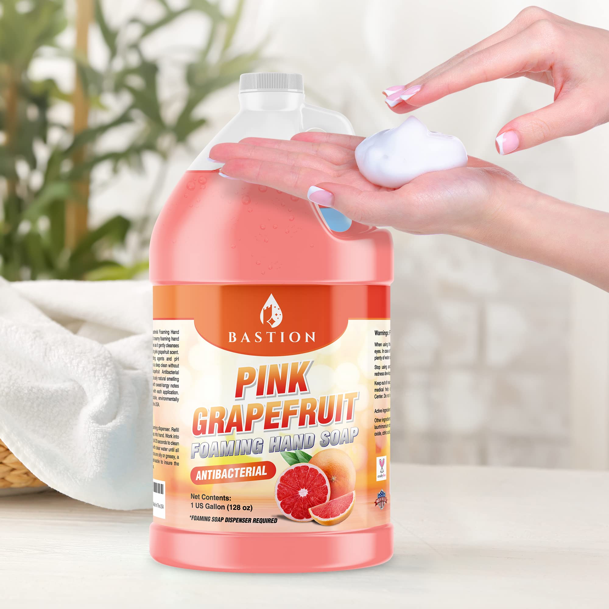 Bastion Pink Grapefruit Antibacterial Foaming Hand Soap Refill - 4 Gallons (512 oz) Bulk Moisturizing Hand Wash for Home, Office & Commercial Use - pH-Balanced, Gentle on Skin - Ideal for Restaurants, Schools and Public Restrooms