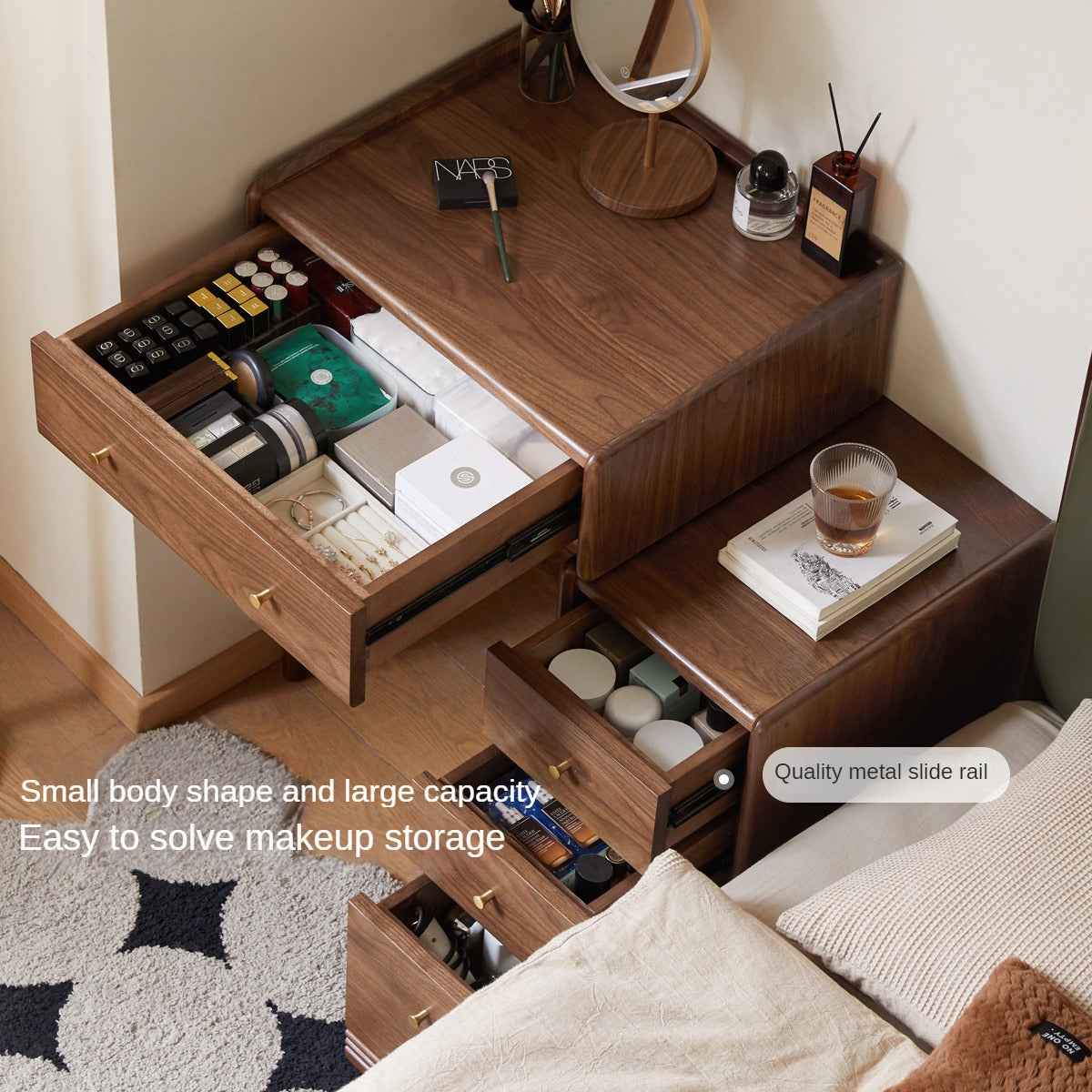 Premium Black Walnut Solid Wood Dressing Table with Cabinet - Elegant Vanity Desk for Bedroom, Makeup Station & Home Decor