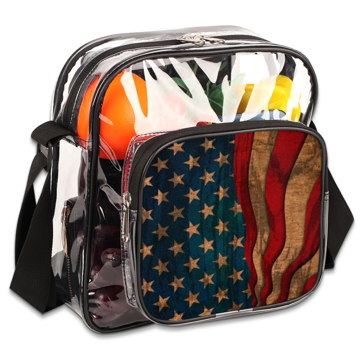 **Mularoka American Flag Clear Crossbody Purse Bag - Stadium Approved Clear Tote for Women & Men - Rustic Flag Design for Festivals, Sports Events & Concerts - Perfect for NFL Games, Music Festivals & Outdoor Activities**