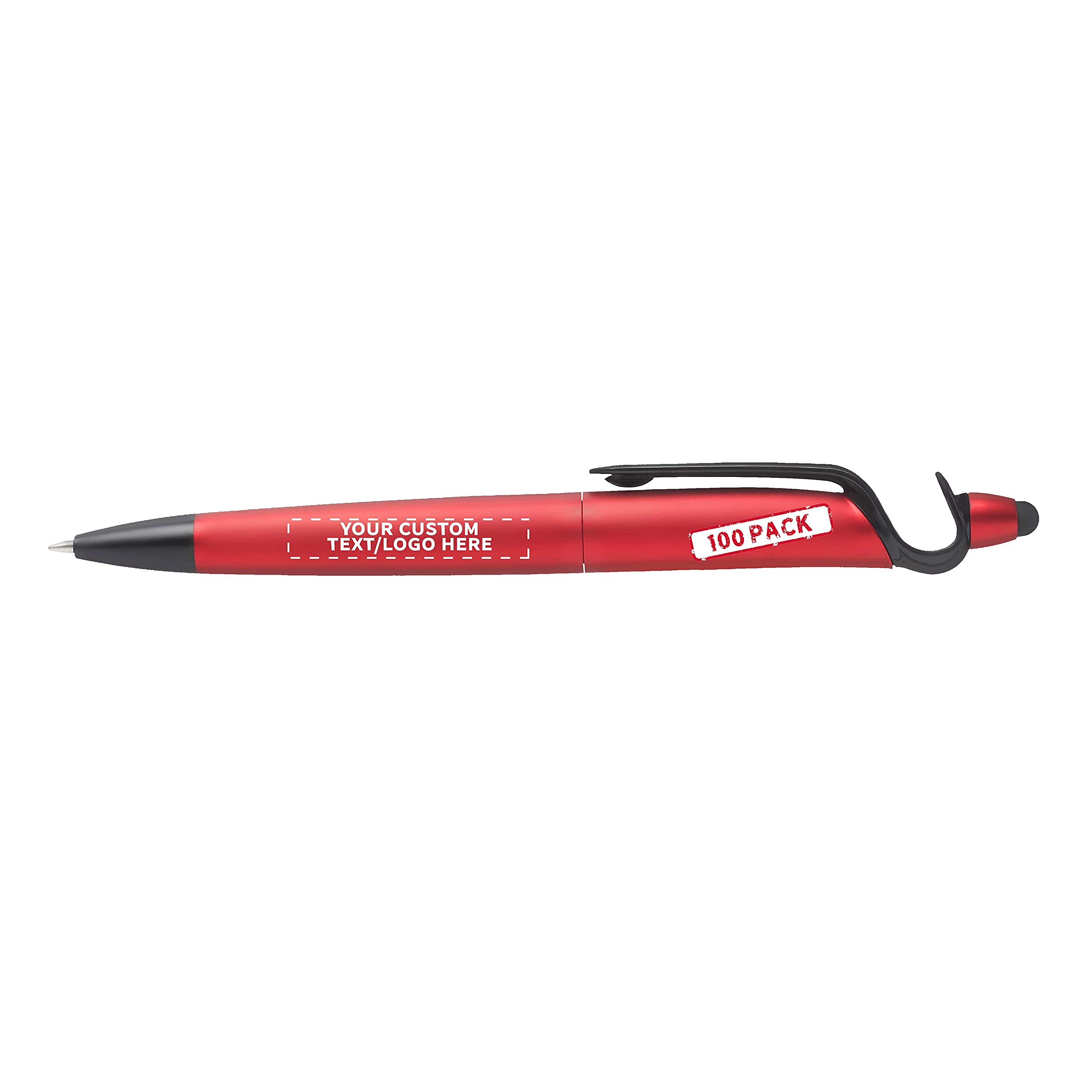 100-Pack 3-in-1 Multi-Function Plastic Pens with Stylus Tip & Phone Stand - Custom Printed Text/Logo - Smooth Ballpoint Black Ink Pens (Red) - Perfect for Office, School, Promotions & Business Gifts