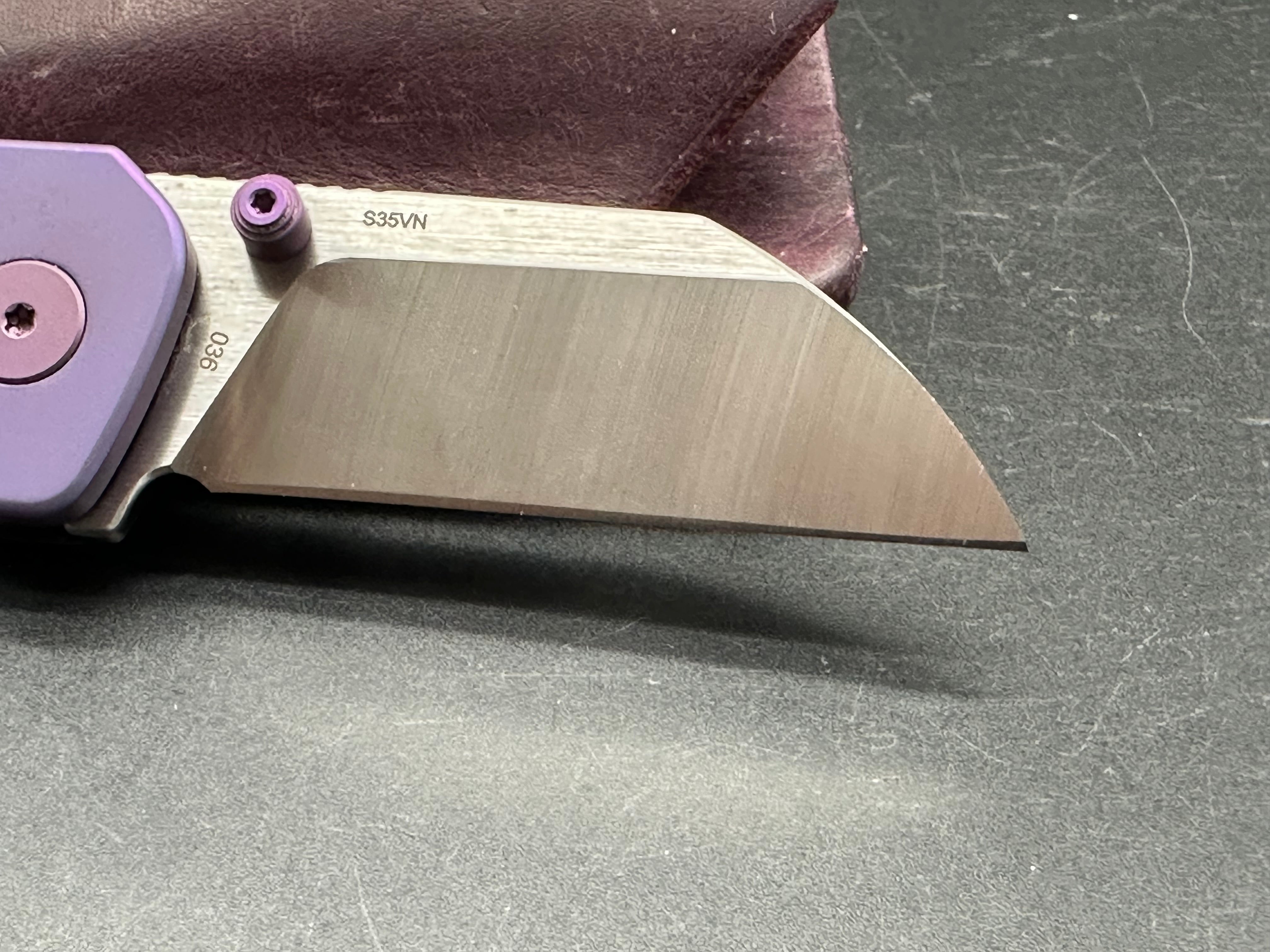 Kaviso QSP Penguin Mini Pocket Knife - Purple Titanium & Timascus Blade with Custom Purple Oak City Leather Slip | EDC, Outdoor, Camping & Everyday Carry Accessories