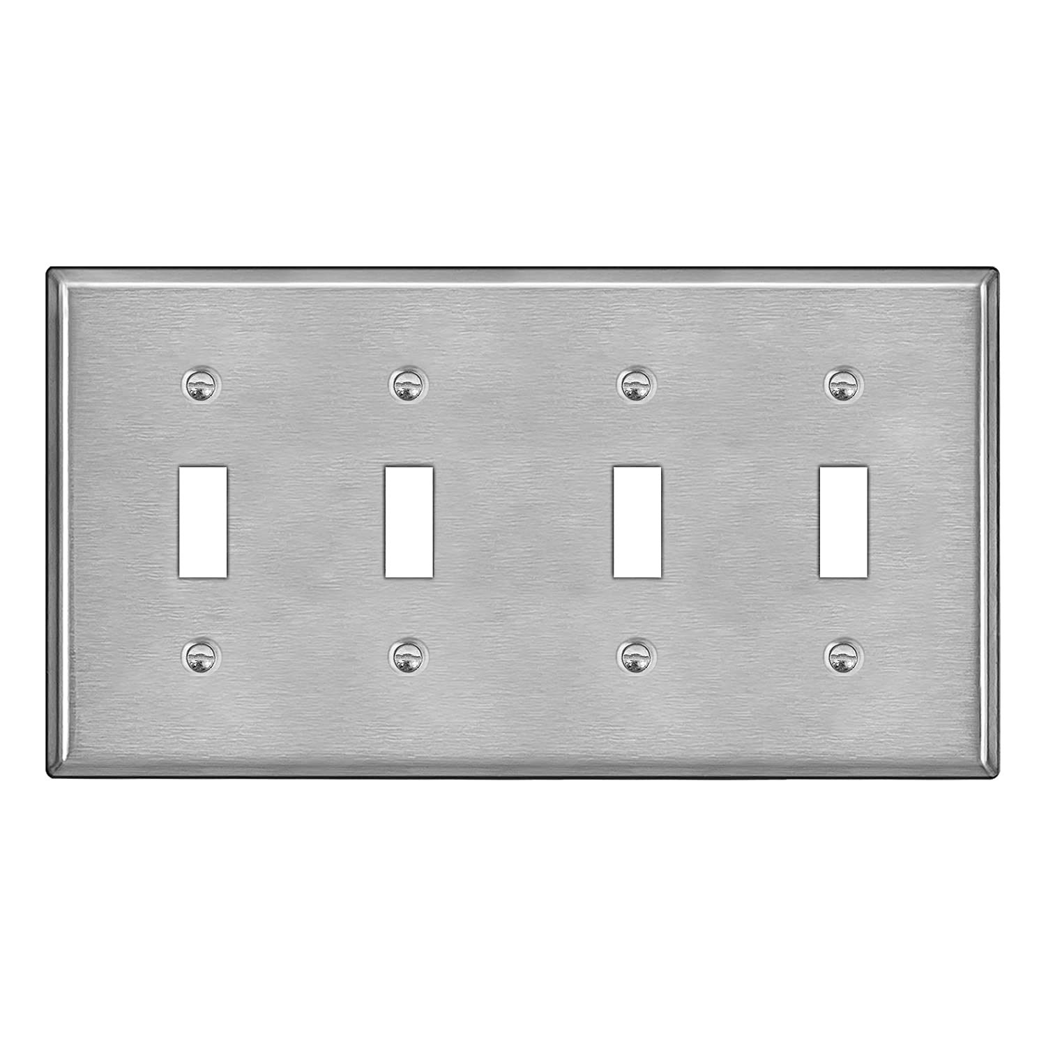 BESTTEN 4-Gang Toggle Switch Metal Wall Plate - Industrial Grade Stainless Steel with White/Clear Plastic Film - Brushed Silver Finish Light Switch Cover (Standard Size) for Home, Office & Industrial Electrical Installations