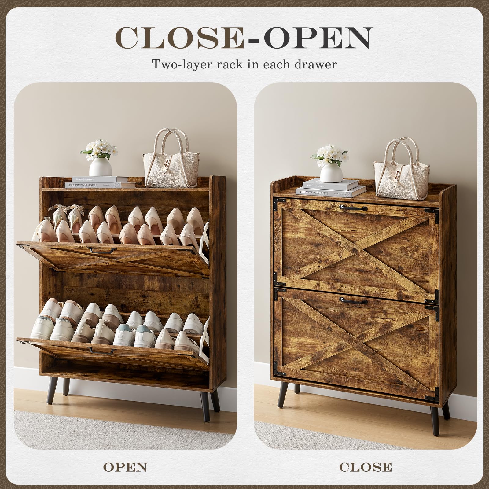 Farmhouse Style Shoe Cabinet with 2 Flip Drawers - Freestanding Entryway Shoe Organizer for Hallway, Porch & Living Room - Compact Hidden Storage with Detachable Racks - Classic Brown Shoe Rack for Small Spaces & Home Organization
